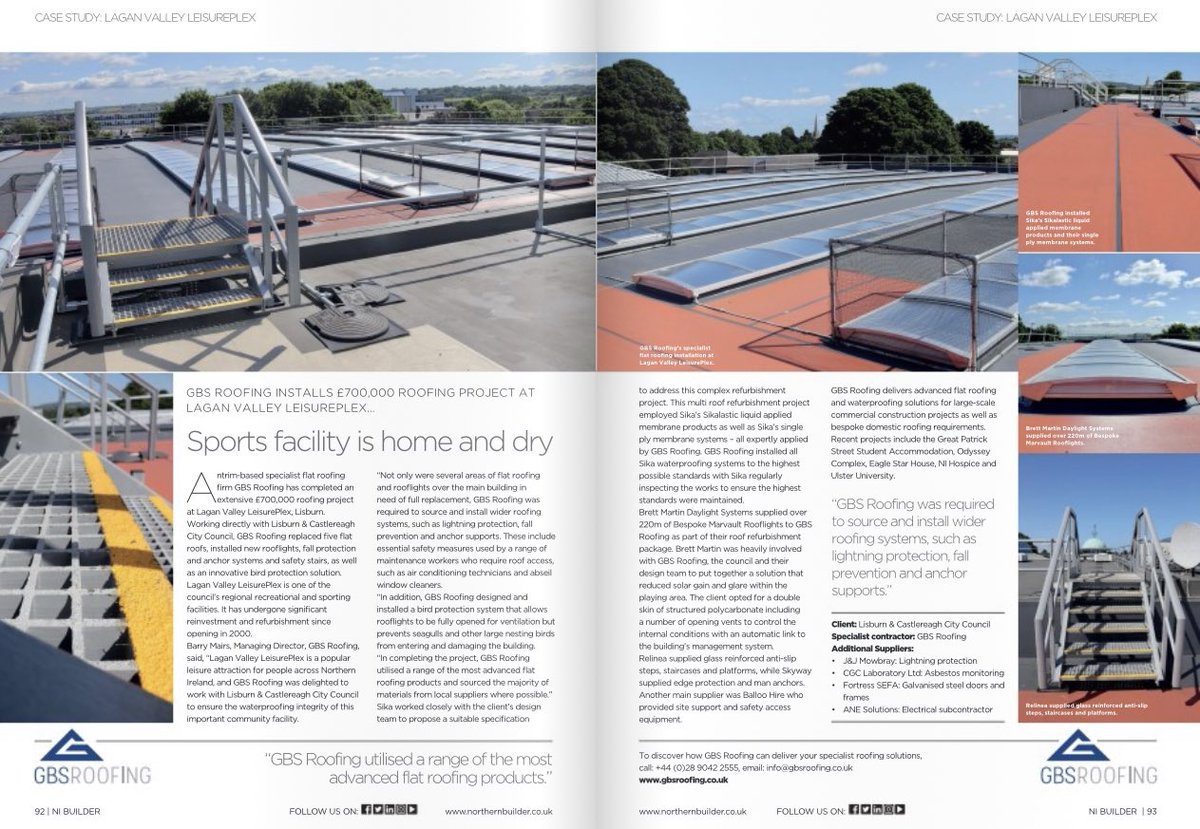 Read all about GBS Roofing’s extensive flat roofing project at Lagan Valley LeisurePlex in the latest edition of <a href="/BUILDERMAG/">NI Builder Magazine and Events</a> 
#flatroofing #roofing #construction #NorthernIreland