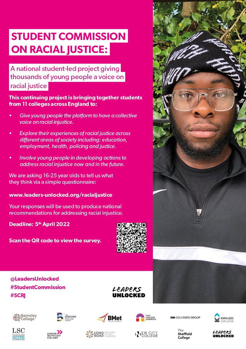 We're pleased to be partners in the #StudentCommission. 

Please take the time to complete the survey and be part of a collective of students taking action on racial injustice. 

📲 Have your say now: leaders-unlocked.org/racialjustice  

#racialjustice #studentvoice #socialaction