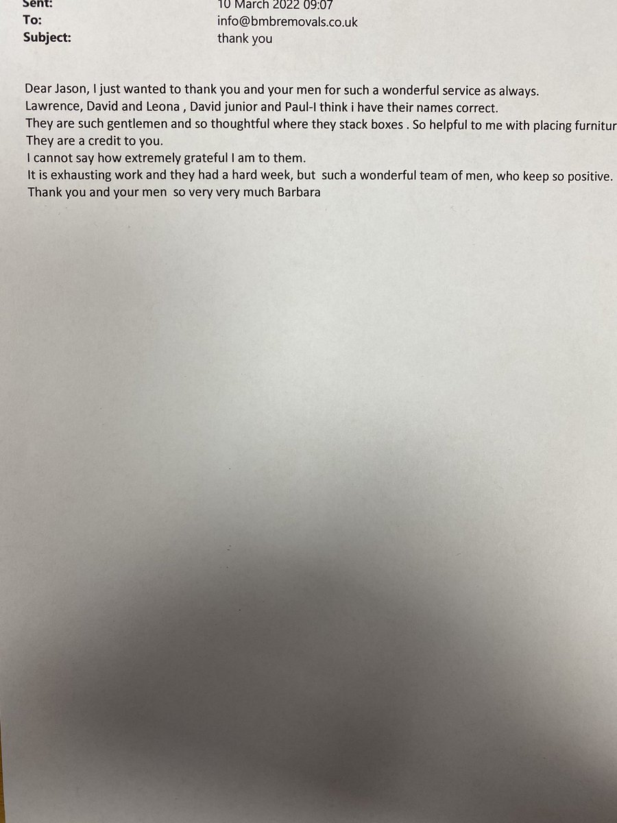 BMBREMOVALS25's tweet photo. Nice little email from customer today. #bmbremovals #removals #housemoves#customerservice https://t.co/LW1yWGX0vs