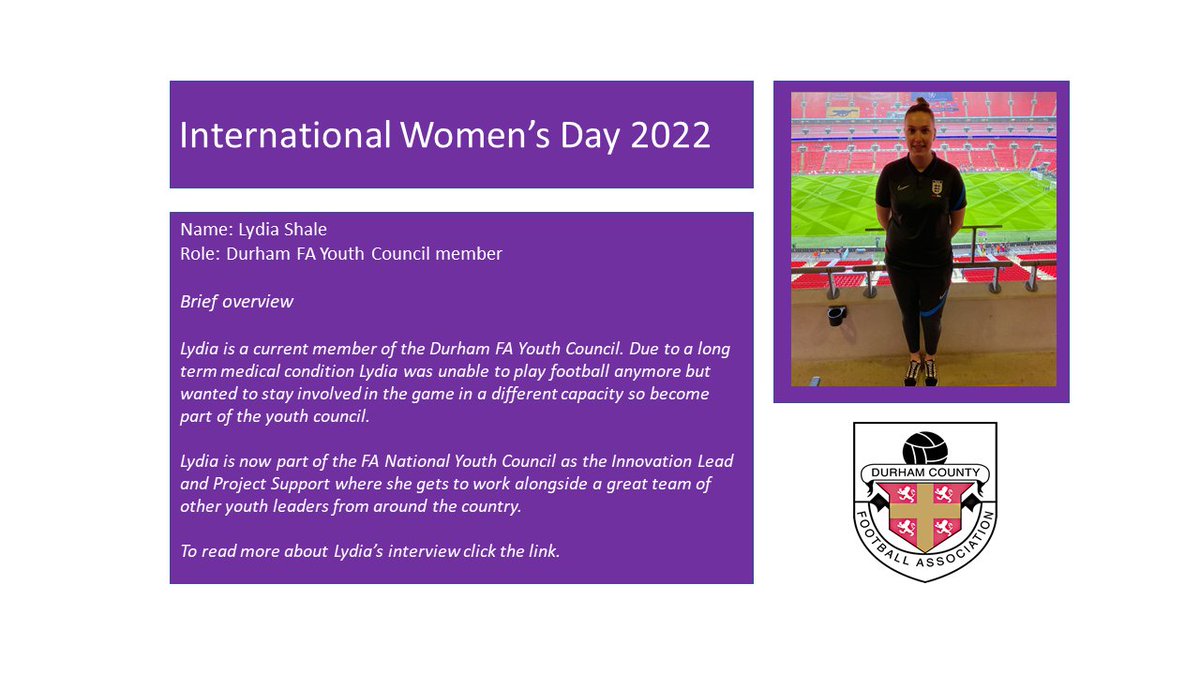 DurhamFA's tweet photo. 👩 International Women's Day ⚽ 

This week we are celebrating Women in football in our County

Today we showcase @DurhamFAYC and @TheFA_NYC
member Lydia Shale.

Read more: https://t.co/67Obfw13pY https://t.co/uOt1V1dm39