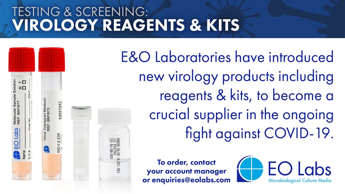 E&amp;O Laboratories have introduced new virology product lines: reagents, kits, Virus Transport Media, and Molecular Sampling Solution to become a crucial supplier in the ongoing fight against COVID-19. For  info and to order contact your account manager, or enquiries@eolabs.com.