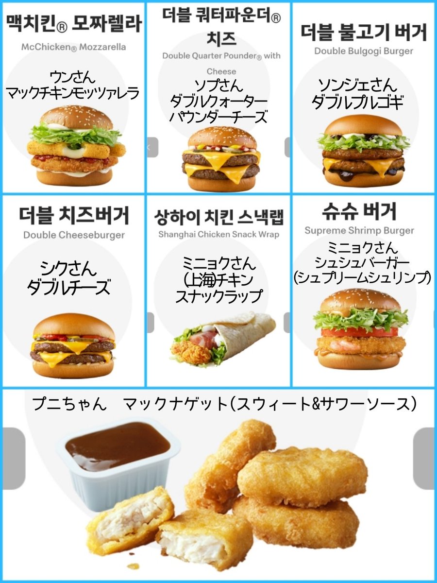 6dedelove's tweet photo. Q.今日のBTOBの夕飯メニューは？
🦊マクドナルド

Q.一番好きなメニューは？
☀️マックチキンモッツァレラ
🍑ダブルクォーターパウダーチーズ
🐿️チキンスナックラップ、シュシュバーガー
🦊ダブルプルゴギ
🐻ダブルチーズ
👶マックナゲット

(韓国マック行きたい🤭)
🔗09:07～
https://t.co/6Cm5FwIDUs https://t.co/1CyTMSTjcP