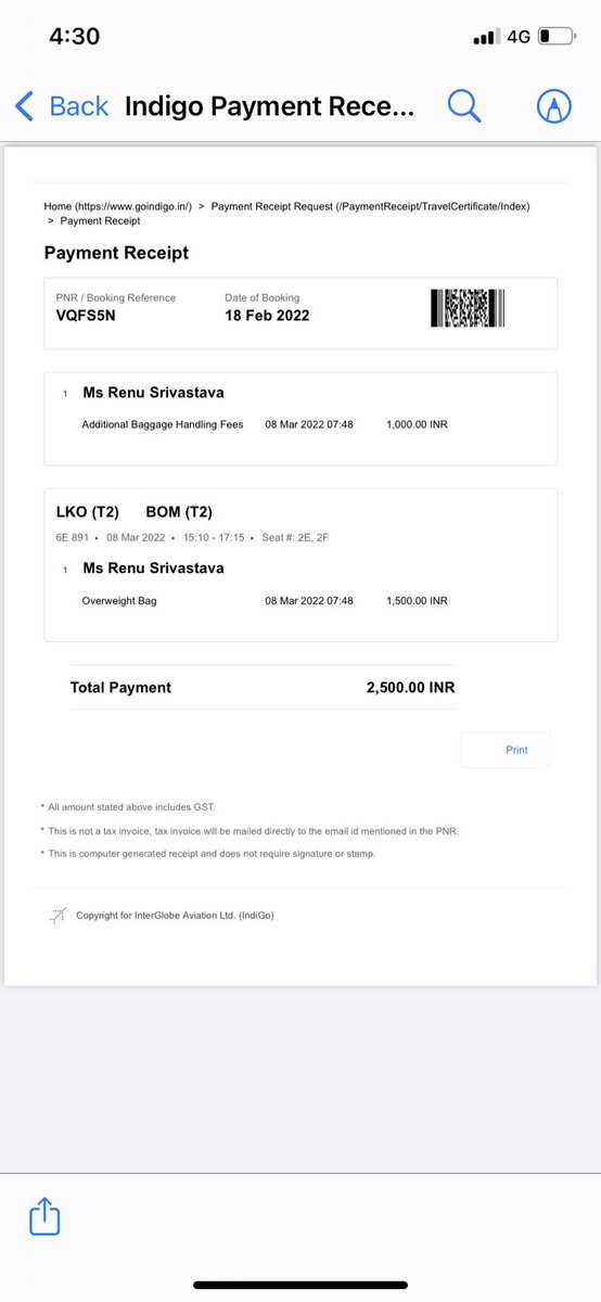 rahulsaxena_63's tweet photo. Indigo airlines fleecing customers that too senior citizens! Despite paying INR 750 as baggage charges -> forced to pay INR 1k at LKO. Overcharging customers isn’t norm Request for Hon’ble minister and @DGCAIndia intervention #goindigo #6e891 #LKO #BOM @IndiGo6E @JM_Scindia https://t.co/phYncNwdGW