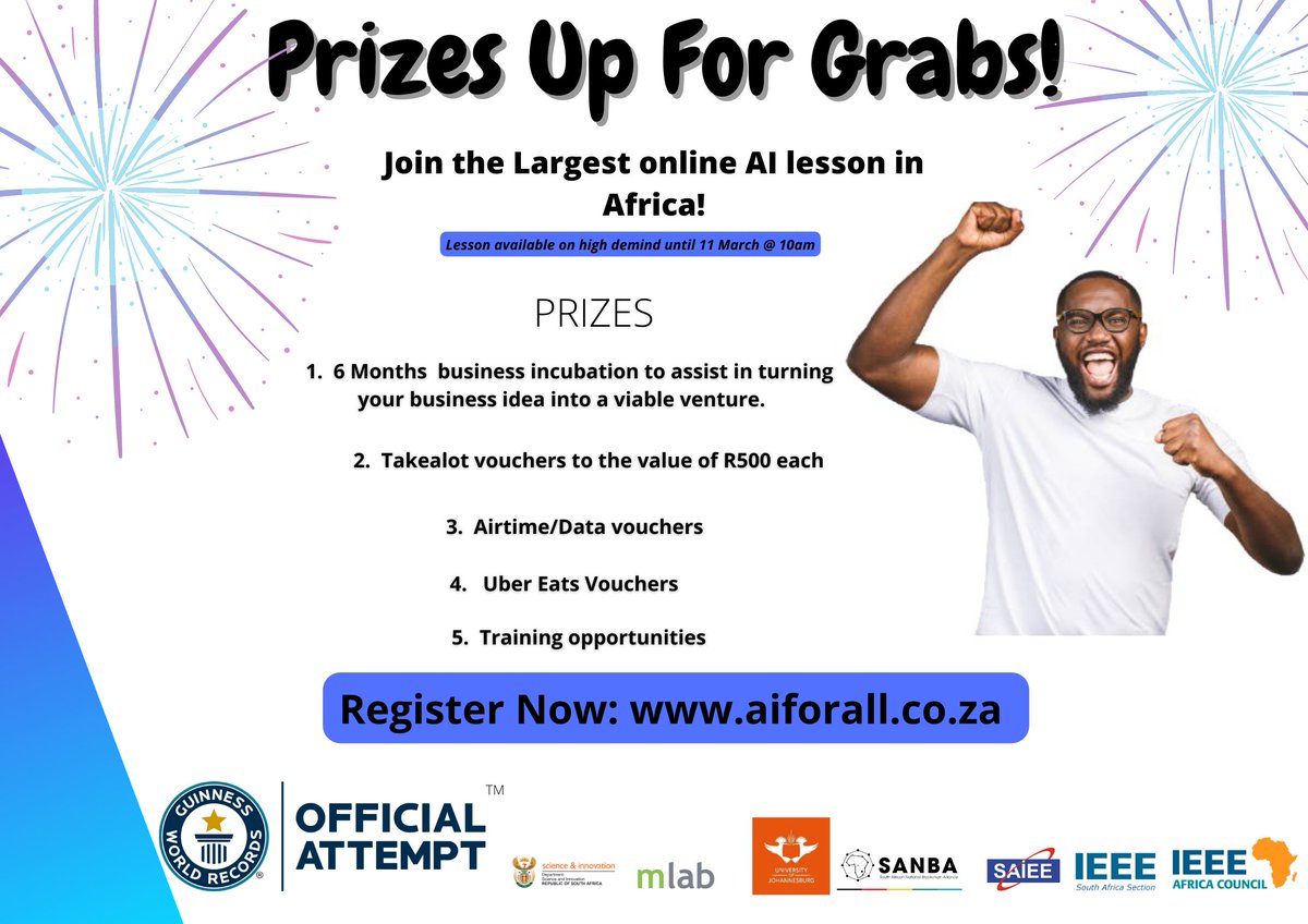 mlabsa's tweet photo. Join us NOW for the largest online AI lesson in Africa!
Available from today until 10am tomorrow, register now at https://t.co/PUBSVyDcFS and stand a chance to win these prizes:🎁🛒🥳 https://t.co/C04uuwfT3u
