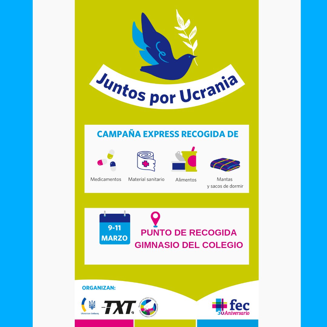 fecmips's tweet photo. Segundo día de la campaña
💙JUNTOS POR UCRANIA💛
¡Os esperamos con bolsas llenas de solidaridad y ayuda!💪😍
@colegiosfec
#JuntosPorUnMundoMejor
#JuntosPorLaPaz
#libresyresponsables https://t.co/i3oOSElNOy