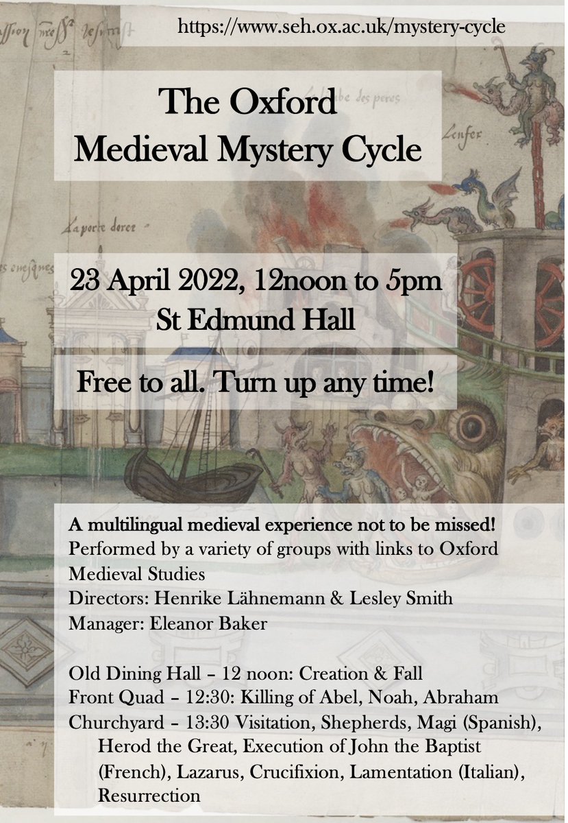 📯#OxfordMysteries 📯
23 April 2022, 12noon to 5pm: <a href="/OxMedStud/">Oxford Medieval Studies</a> performs Multilingual Medieval Mystery Cycle <a href="/StEdmundHall/">St Edmund Hall</a>
All welcome, free of charge! seh.ox.ac.uk/mystery-cycle