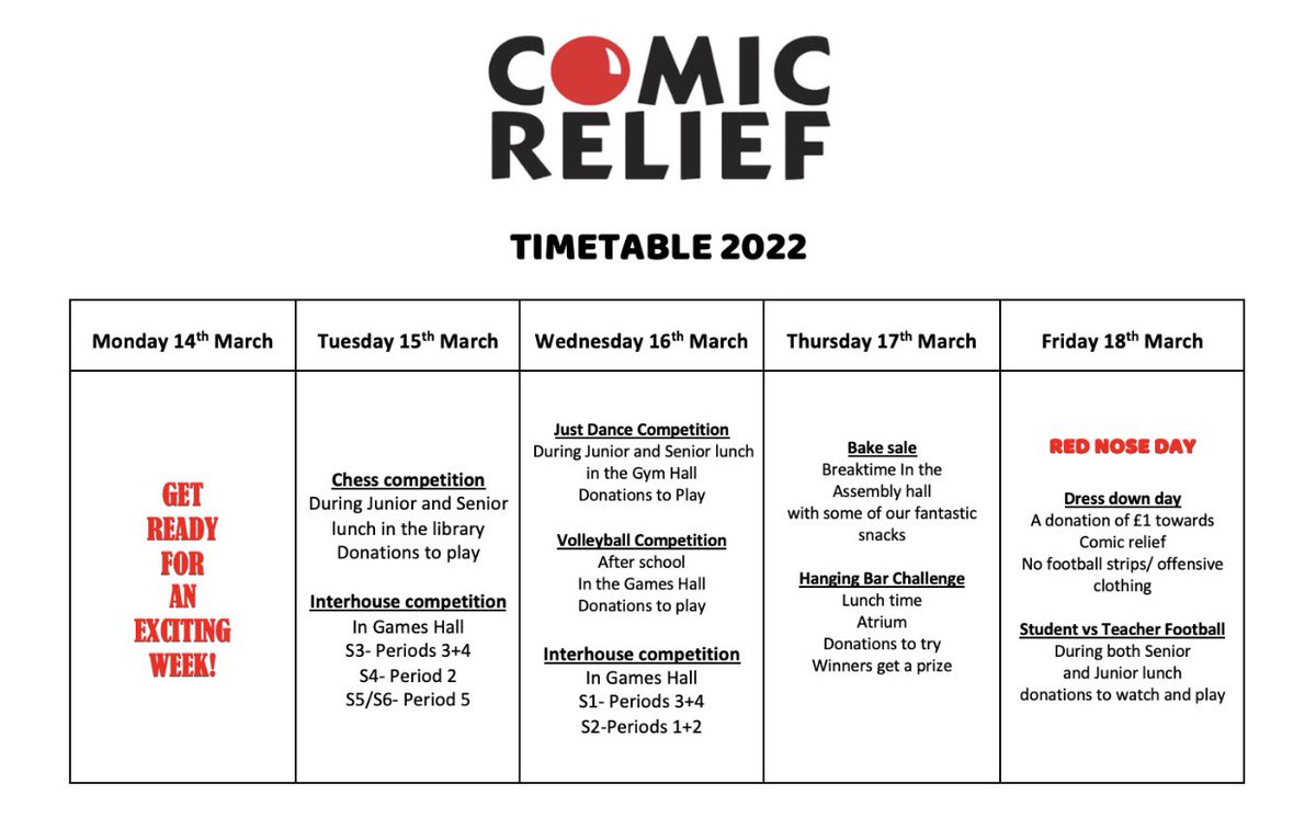 ‼️COMIC RELIEF 2022‼️Comic Relief 2022 is coming up next week and we have amazing competitions/activities going on across the school! Get involved, “because you have the power to change lives” ❤️ see timetable below 👇🏼 #RedNoseDay #ComicRelief2022 #TeamBelmont
