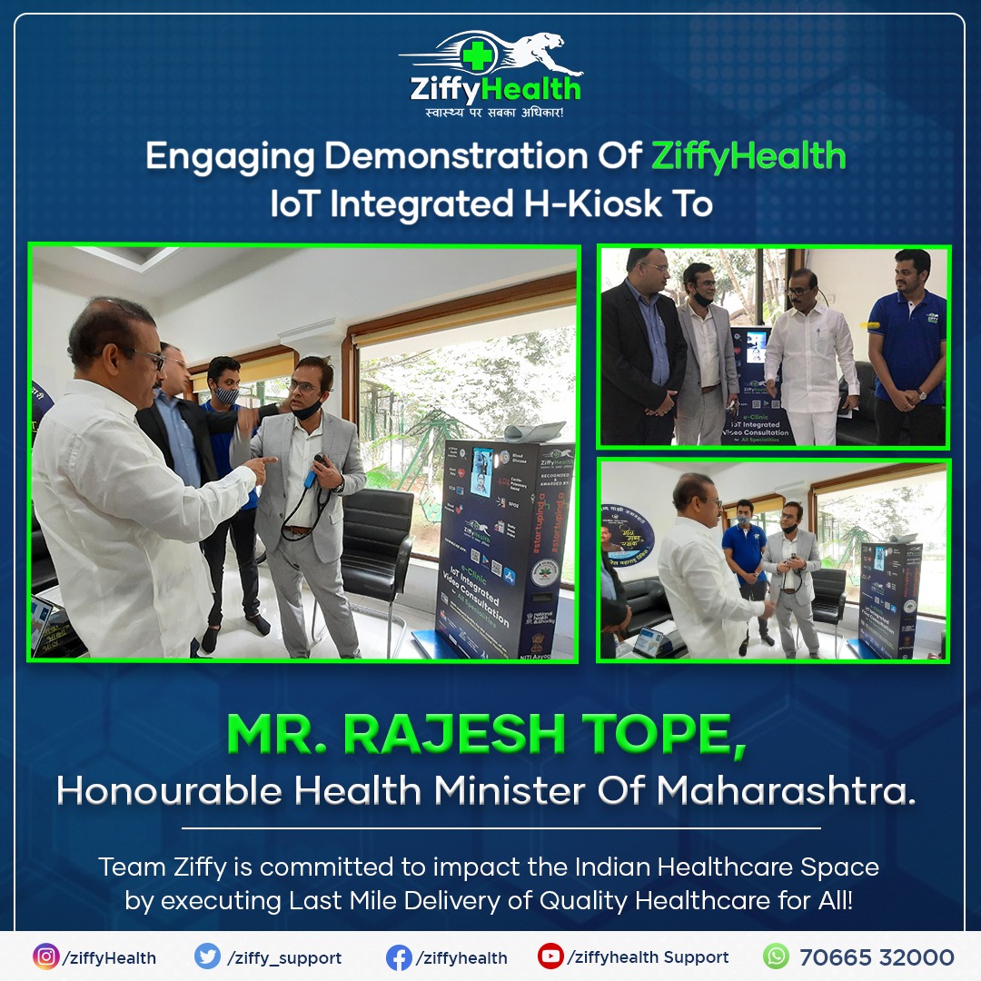 Ziffy_support's tweet photo. Engaging demonstration of @ZiffyHealth IoT integrated h-Kiosk to @rajeshtope11, Honourable Health Minster of Maharashtra.

#Ziffyhealth #digitalhealthcare #remotepatientmonitoring  #telehealth #primaryhealthcare #ruralempowerment #Healthandwellness #govermentofmaharastra https://t.co/Ogb6UcFrxX