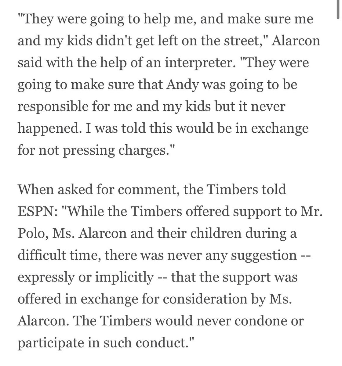 RyanTClarke's tweet photo. Extremely serious allegations made by Génessis Alarcón in an interview with ESPN. She claims the Timbers offered her financial help in exchange for not pressing charges against Andy Polo.

The Timbers denied it. #RCTID https://t.co/EBEs5u2kEe