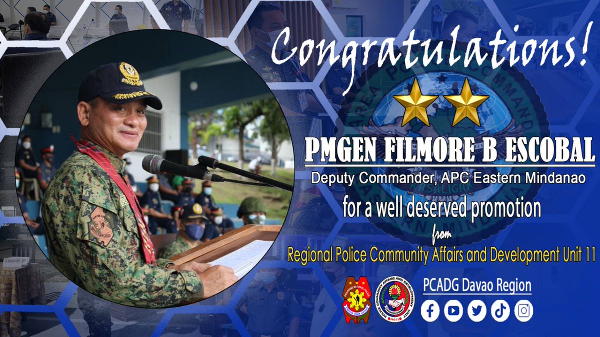 davao_pcadg's tweet photo. Regional Police Community Affairs and Development Unit 11 congratulates Police Major General Filmore B Escobal, Deputy Commander, APC Eastern Mindanao for well deserved promotion.
We salute you sir! Congratulations!
#PNPKakampiMo
#WeServeAndProtect
#TeamPNP
#PRO11 https://t.co/biGbh2MhYU