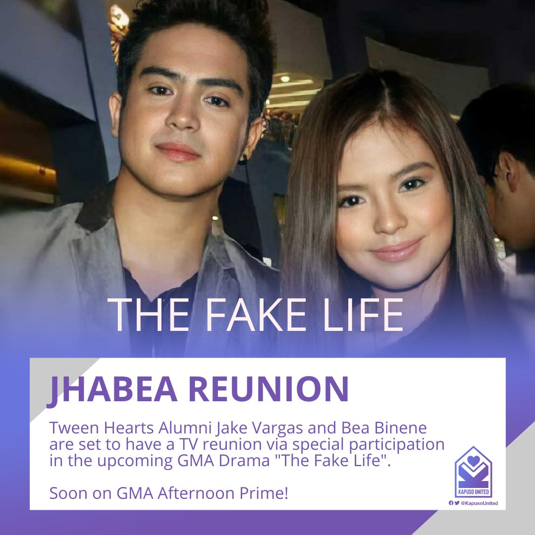 KapusoUnited's tweet photo. UPDATE: #JhaBea is having a reunion!
#JakeVargas and #BeaBinene are set to reunite via special participation in the upcoming GMA drama #TheFakeLife. They will play the younger versions of Ariel and Beauty respectively.
#KristofferMartin will also join them. Soon on GMA! https://t.co/mQR5UjVIbl