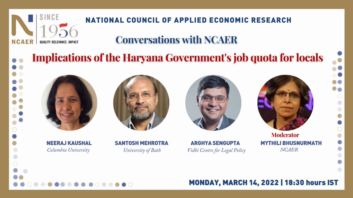 𝗪𝗲𝗯𝗶𝗻𝗮𝗿 𝗔𝗹𝗲𝗿𝘁!
Date: Monday, March 14 
Time: 6.30 PM (IST)
<a href="/ncaer/">NCAER</a> is organising a webinar to discuss the Implications of the Haryana Government’s job quota for locals in the light of recent judicial pronouncements. 
 Register here: bit.ly/3MDzYiD