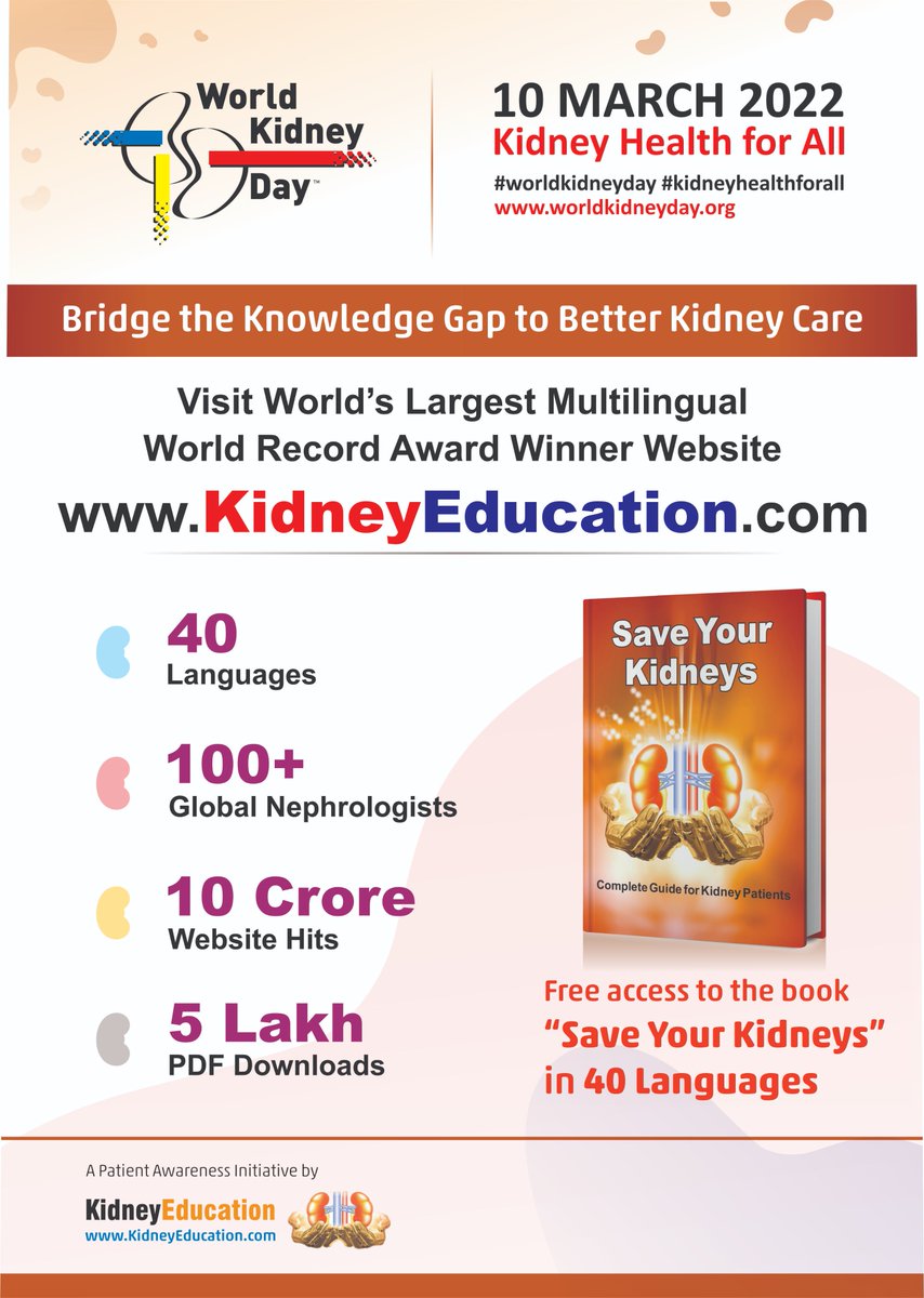 KidneyEducation's tweet photo. #worldkidneyday2022!
Kidney Health for All - Visit: https://t.co/YcUrFEZP1u
Download 200-page book “Save Your Kidneys” in 40 Languages Free, prepared by a Global Team of 100+ Kidney Experts. https://t.co/G1U6qqZvAM
