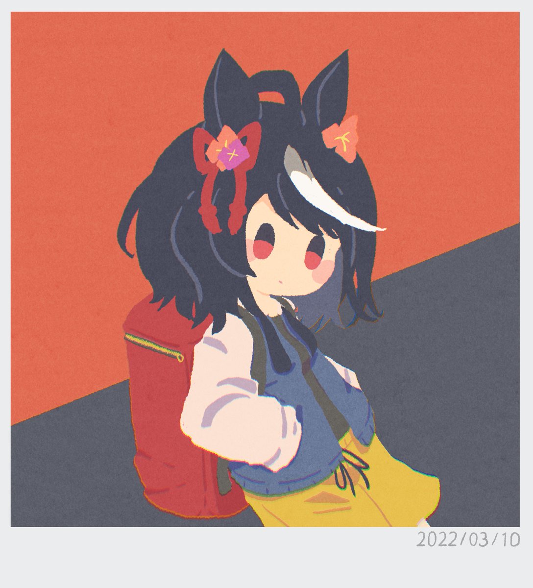 kitasan black (umamusume) 1girl animal ears horse ears solo black hair backpack red eyes  illustration images