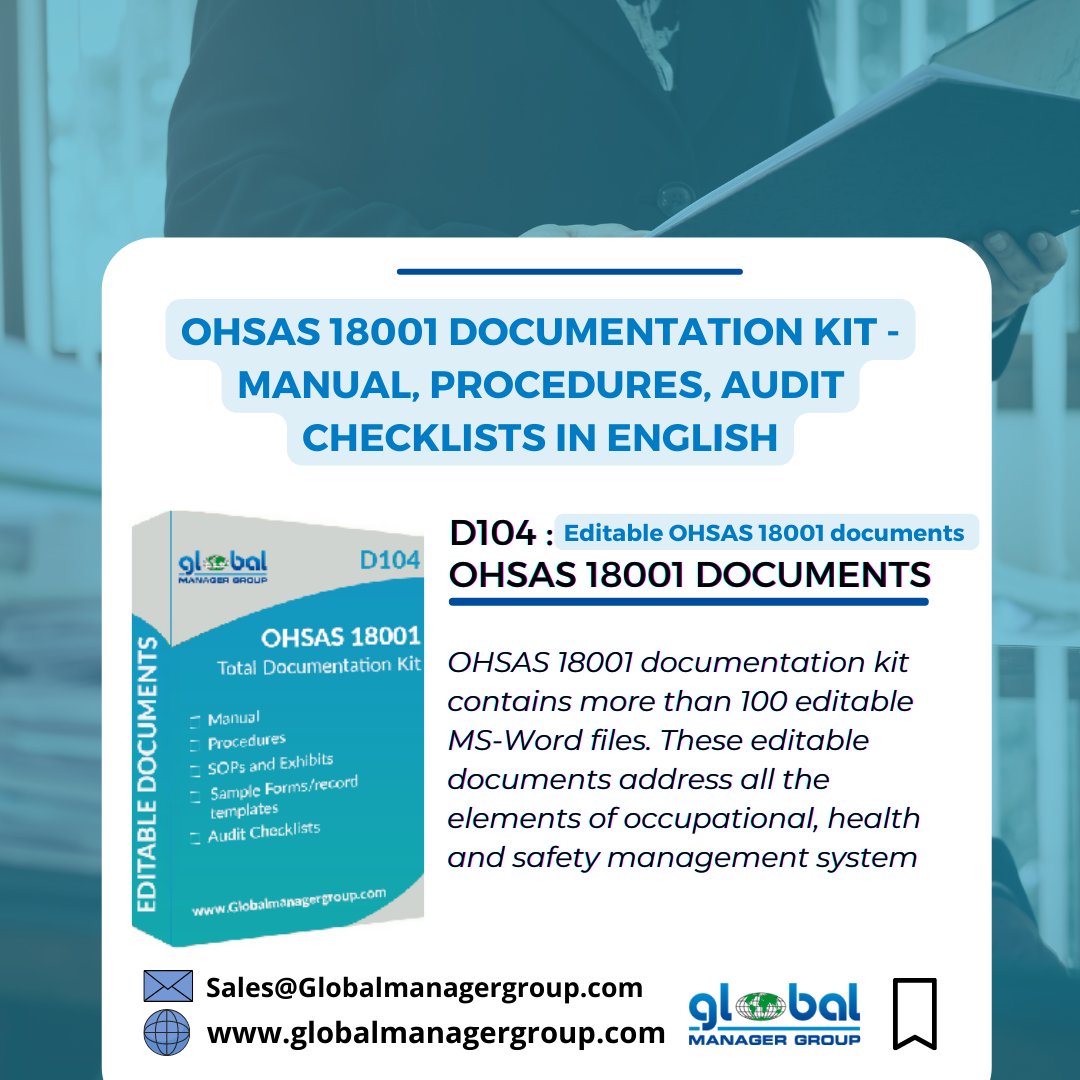 ISOconsult_GMG's tweet photo. Global Manager Group has a globally reputed and experienced team of consultants having rich experience in the Occupational Health & Safety Management System. The OHSAS 18001:2007 certification audit is done by certifying body auditors.
#ohsas18001 #isodocumentationkit #manual https://t.co/NvTwI2L8IM