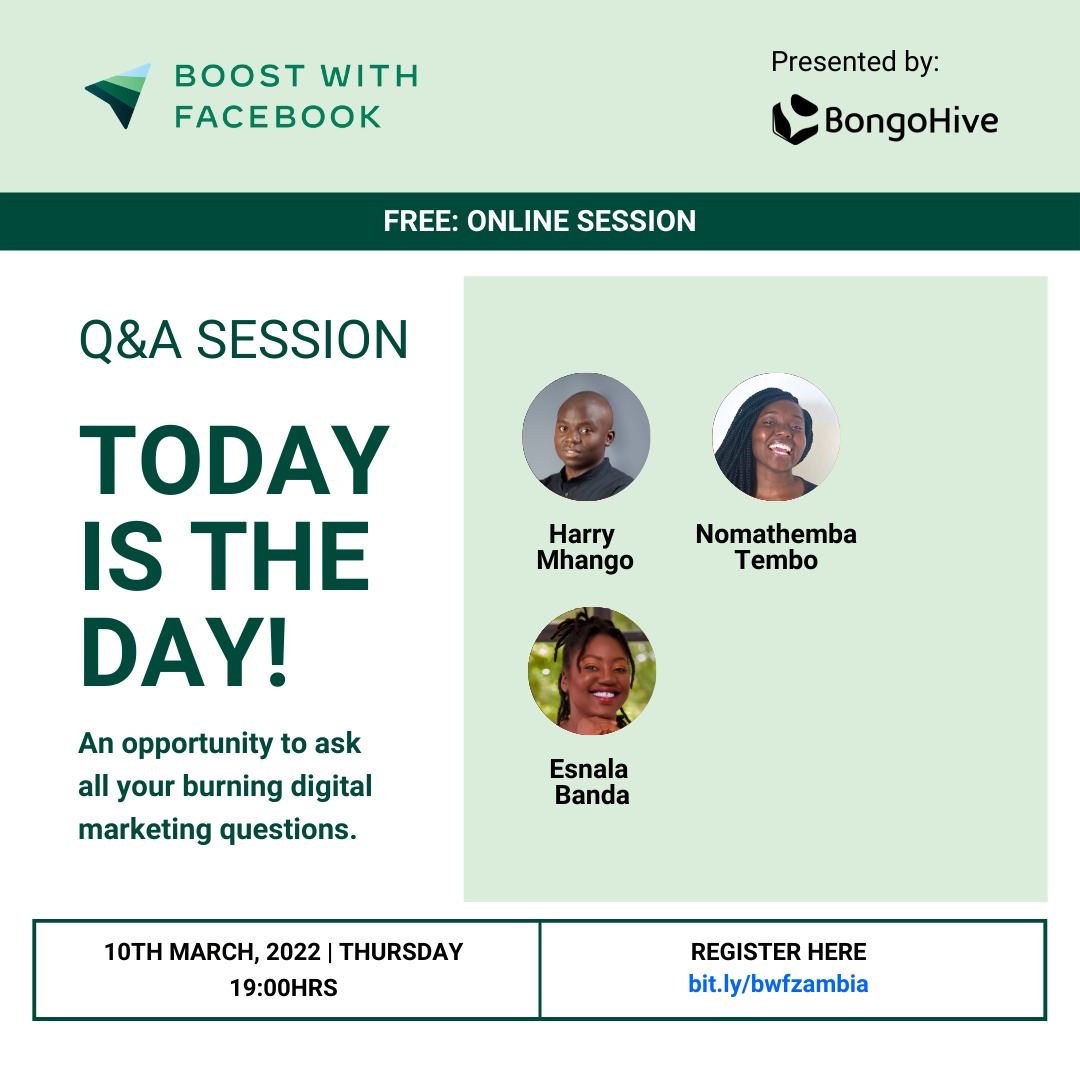 Nalahru's tweet photo. Catch @Nommiie_, Harry and I as we answer your digital marketing questions in this #BoostWithFacebook session presented by @BongoHive. https://t.co/unckNdmhno