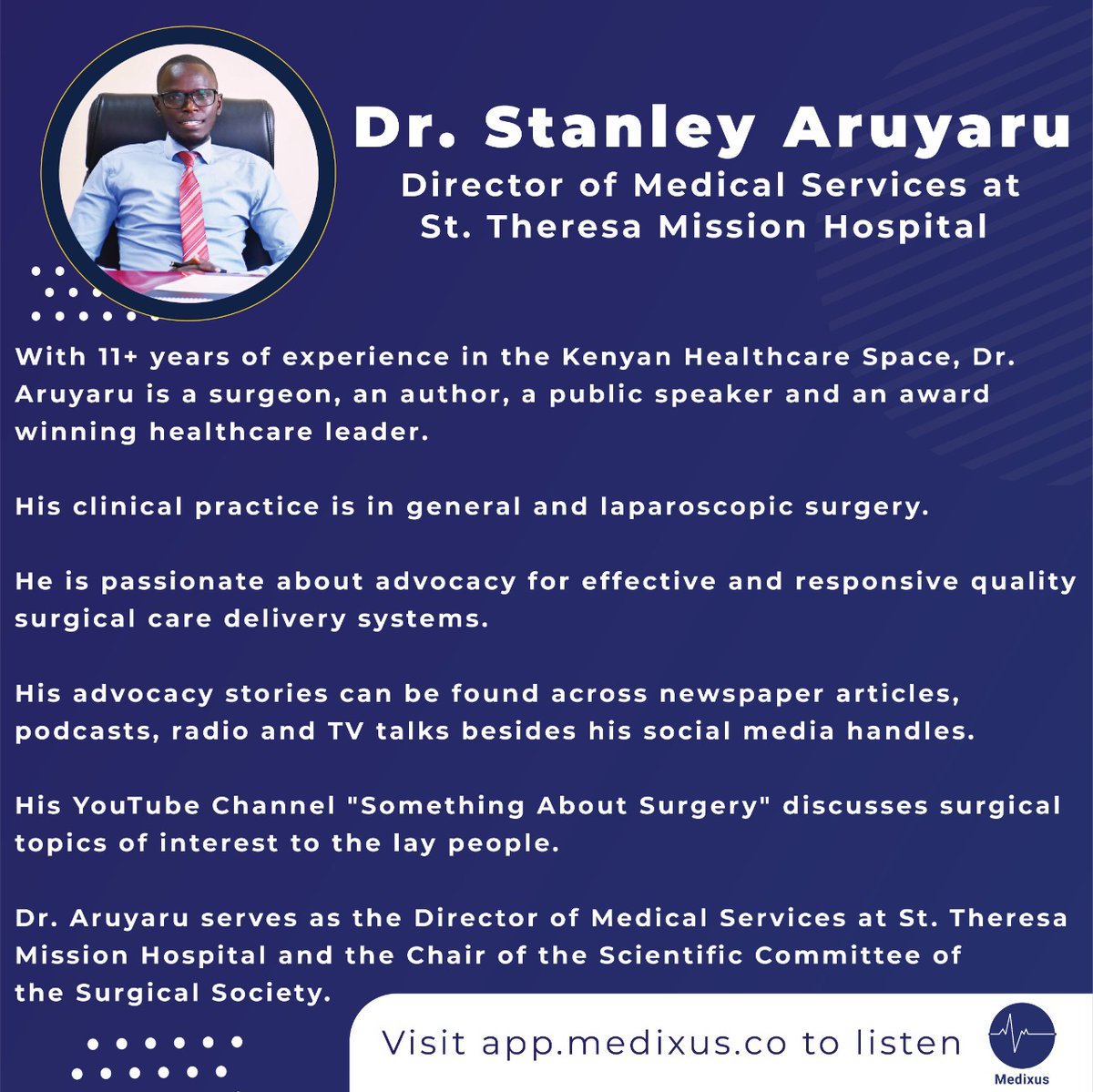 Join us in-app today at 7pm EAT to hear from Dr. Stanley Aruyaru as he explores ''Clinical Evaluation of Anorectal Conditions.''  #CPD Accredited

Visit app.medixus.co sign up and listen 

Don't miss out!
#wearemedixus