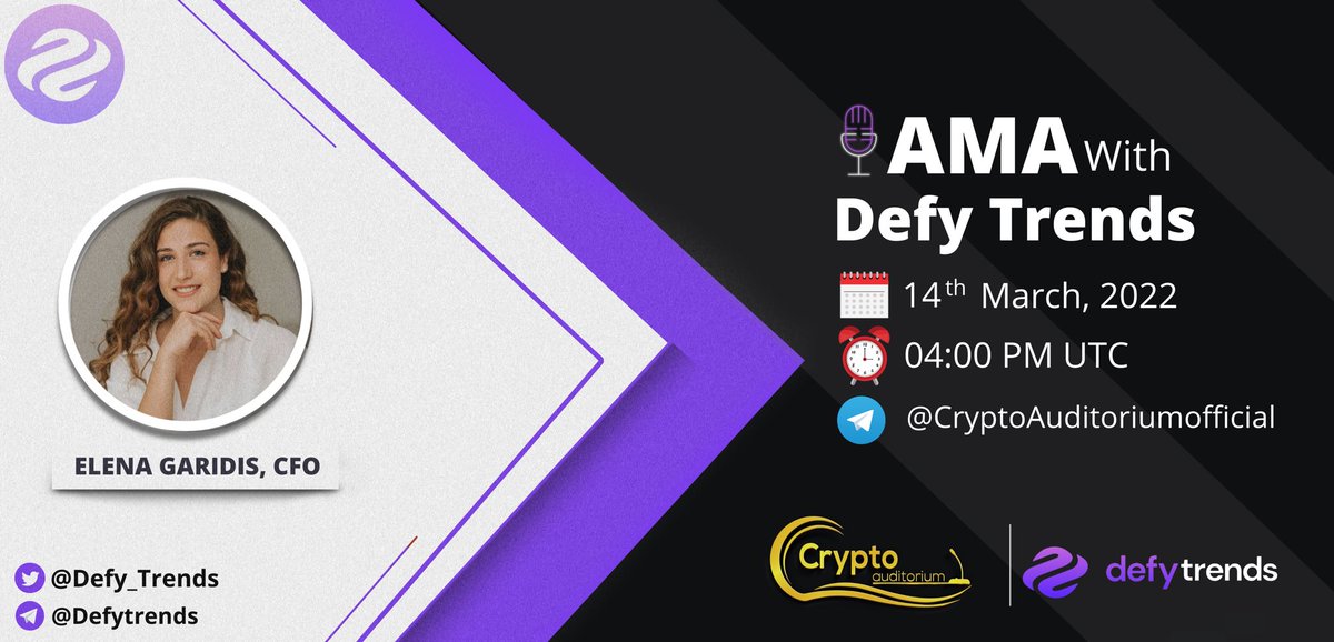 📢 We're pleased to announce that our next 💎 #Voice #AMA with @Defy_Trends on 14th March at 4:00 PM UTC
💰 Reward Pool:100$
💎 Venue: t.me/CryptoAuditori…
💎 Rules:
✅ Follow @cryptoauditorm1 &amp;  @Defy_Trends 
✅ Like &amp; Retweet
✅ Comment Questions &amp; Tag 3 Friends with BEP20