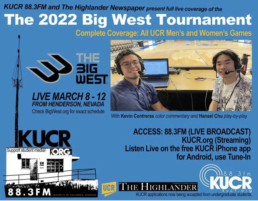 KUCR 88.3 FM (@kucr883fm) on Twitter photo KUCR 88.3FM <a href="/kucr883fm/">KUCR 88.3 FM</a> & the <a href="/HighlanderUCR/">The Highlander</a> present full live coverage of the 2022 Big West Tournament! Join Kevin and Hansel as they broadcast the <a href="/UCR_WBB/">UCR Women's Basketball</a> & <a href="/UCRMBB/">UCR Men's Basketball</a> in Henderson, NV. For the live schedule please visit BigWest.org 🏀 <a href="/UCRiverside/">UC Riverside</a> 💙🐻💛 KUCR 88.3FM <a href="/kucr883fm/">KUCR 88.3 FM</a> & the <a href="/HighlanderUCR/">The Highlander</a> present full live coverage of the 2022 Big West Tournament! Join Kevin and Hansel as they broadcast the <a href="/UCR_WBB/">UCR Women's Basketball</a> & <a href="/UCRMBB/">UCR Men's Basketball</a> in Henderson, NV. For the live schedule please visit BigWest.org 🏀 <a href="/UCRiverside/">UC Riverside</a> 💙🐻💛