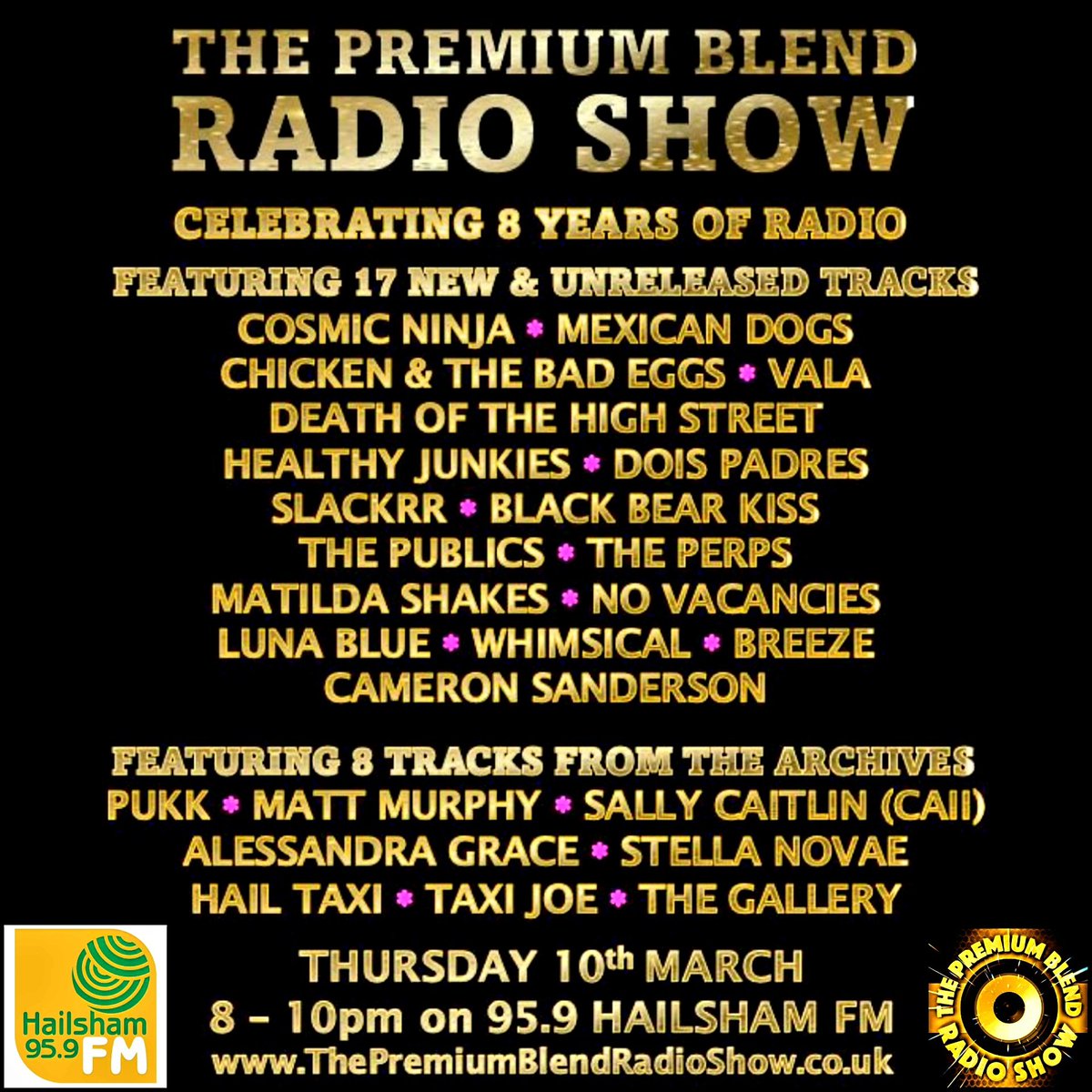 PremiumBlendRad's tweet photo. It's party time!
Celebrating 8 years of Radio!
Join us from 8pm on 95.9 @hailshamfm TONIGHT with 17 NEW & UNRELEASED TUNES + Choice Tunes
Tune in via https://t.co/bLNkrFV683
#NewMusic #Indie #FMRadioShow #LiveRadio https://t.co/MtsScMmA8H