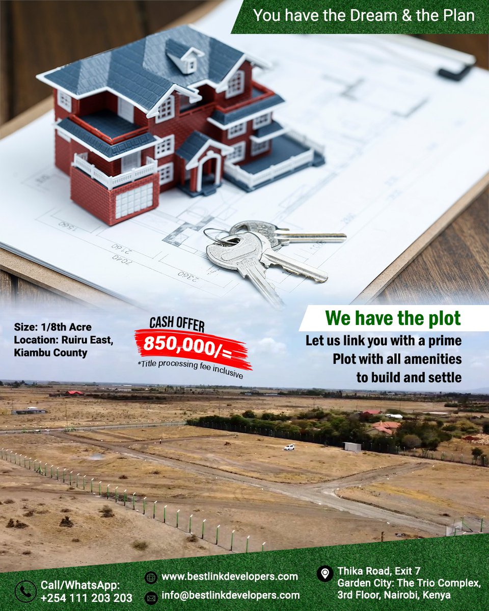 DevelopersBest's tweet photo. You have the dream and the plan to build and settle your family in a serene environment...

Current selling prime 1/8th Acre plots located only 5km off Kangundo Road (plots as pictured below)?

Office : +254 111 203 203
#BLDPlots #KiambuPlots #RuiruPlots #MainaAndKingangi https://t.co/b3iujhd1D9