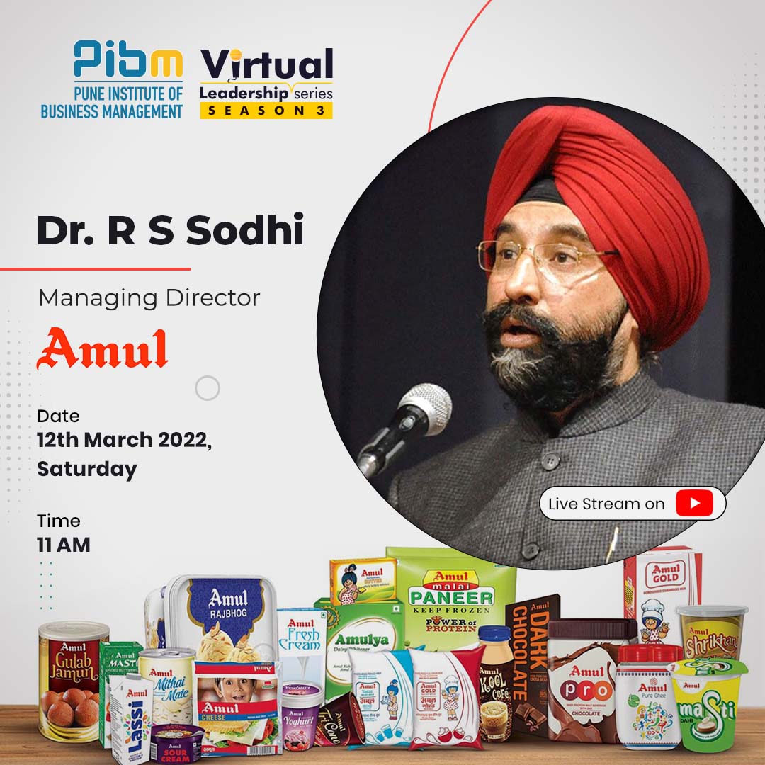 PunePIBM's tweet photo. #PIBMpune has scheduled a Mega Corporate Session, a part of the #VirtualLeadershipSeries - Season 3 on 12th March 2022.
Join us on Saturday at 11.00 am as we welcome our esteemed corporate guest, Dr. R.S Sodhi, Managing Director at Amul, for an exciting and engaging session. https://t.co/gVNjnUVJkC