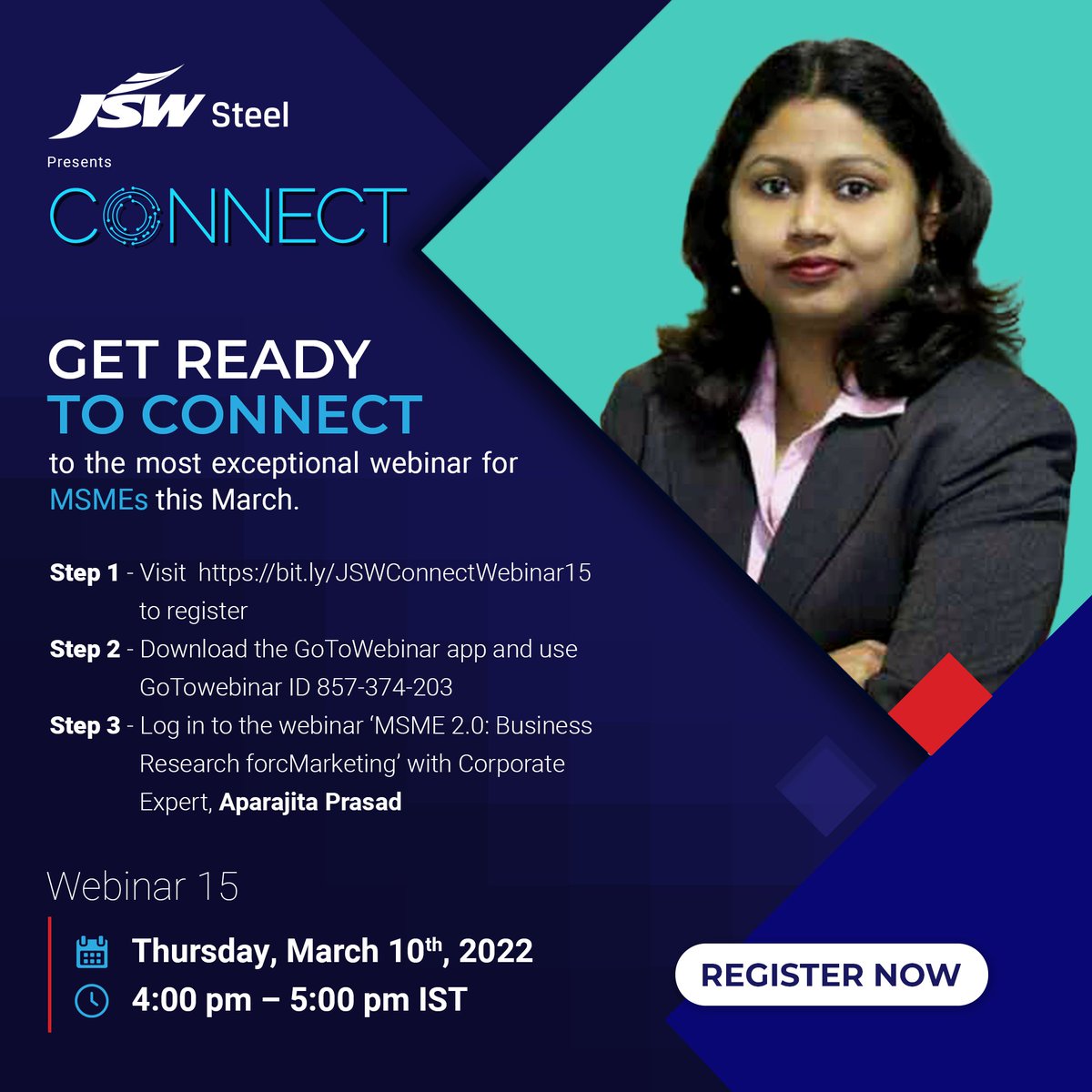 jswsteel's tweet photo. Don't forget to join us for an insightful session on 'Business Research for Marketing for MSMEs' with Aparajita Prasad today at 4 PM.
Register now: https://t.co/t7wHYzRbRP
#JSWSteel #SteelIndustry #DigitalSession https://t.co/u6hAjJQb6X