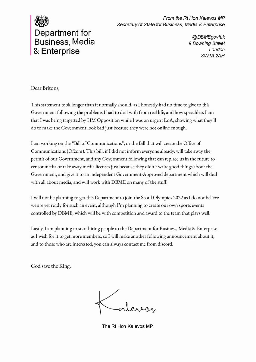 DBMEgovfuk's tweet photo. Statement from the Secretary of State of Department for Business, Media and Enterprise.
@KaIevos ⬇️ https://t.co/0B91aVkuLE