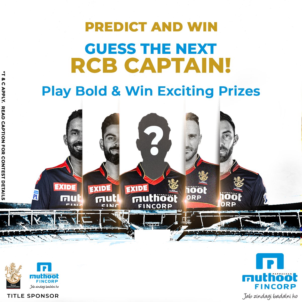 MuthootIndia's tweet photo. 🏆Predict &amp; Win #Contest🏆 

Guess the next #𝐜𝐚𝐩𝐭𝐚𝐢𝐧 for @RCBTweets. 1️⃣ golden winner stands a chance to win exciting #RCB autographed merchandise.

To Win:
1️⃣ Follow @MuthootIndia 
2️⃣ Comment on this post with your answer &amp; Tag 2️⃣ friends 

*TnCA

#PlayBold #IPL #IPL2022 https://t.co/yN6i1MxaXR