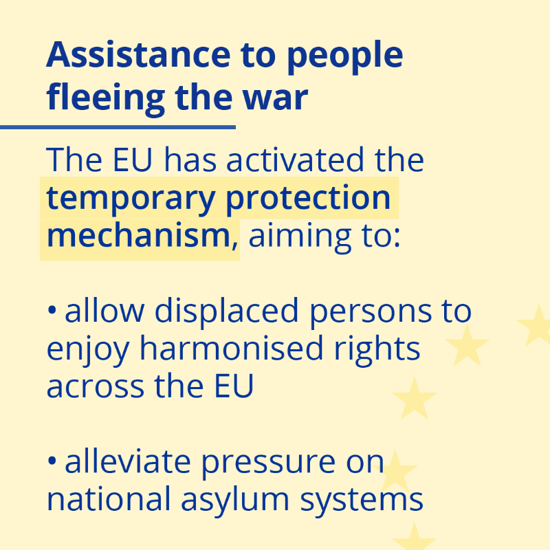 EUCouncil's tweet photo. In response to Russia's aggression, the 🇪🇺 EU has shown unity and strength and has provided coordinated humanitarian, political, financial and material help to 🇺🇦 Ukraine. 

Find out how the EU has supported Ukraine so far ⬇️

#StandWithUkraine