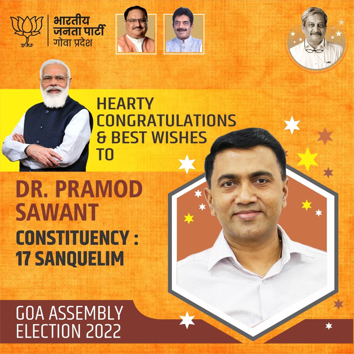 BJP4Goa's tweet photo. Congratulations to @DrPramodPSawant for winning from Sankhlim Constituency. https://t.co/CWeJc0QaCf