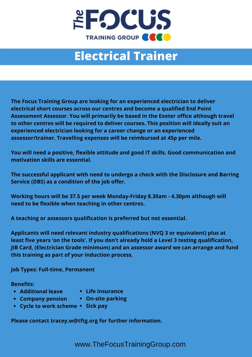 focustrainingsw's tweet photo. *VACANCY*

National Careers Week 2022

Come and join The Focus team, we are looking for an Electrical Assessor as detailed below.

To apply or gain further information please contact Tracey.w@tftg.org

#NCW2022 #Exeterjobs  #Opportunities #Careers https://t.co/geRIxlQ1VE