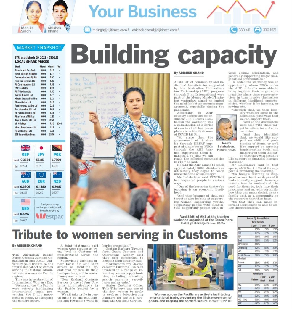 AustralianFiji's tweet photo. More from the Money Minded training organised by Plan International in today's @fijitimes. Workshop by ANZ was part of Plan's COVID-19 Activation Phase 2 Response under the @AusHPship, training beneficieries of the AHP partners intervention.

#AusAid #COVID19response https://t.co/XIBNHmxW4V