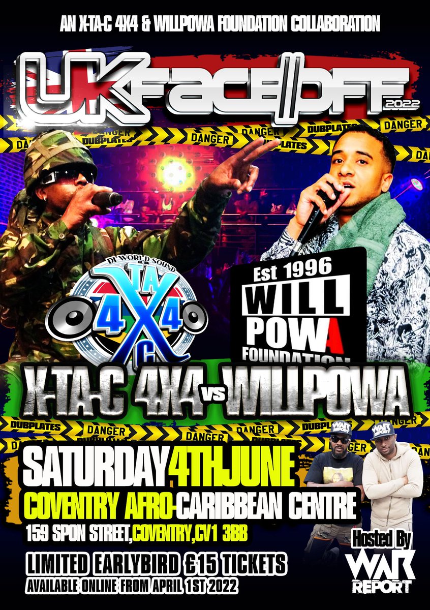 XTAC4X4's tweet photo. ‼️⚠️ BIG MATCH ⚠️‼️ SET YOUR CALENDAR DATE FROM EARLY! THE FIRST OF TWO FACE-OFFS 😲 👀

💥 #BADLANDS NIGHT 1 IN COVENTRY ON SAT 4th JUNE 💥 #STEELCITY NIGHT 2 IN SHEFFIELD ON SAT 8th OCTOBER 💥

LIMITED EARLYBIRD TICKETS @ £15 will be available 1st April 
#SOUNDCLASHTIMEAGAIN https://t.co/oX9bbHvHZ4