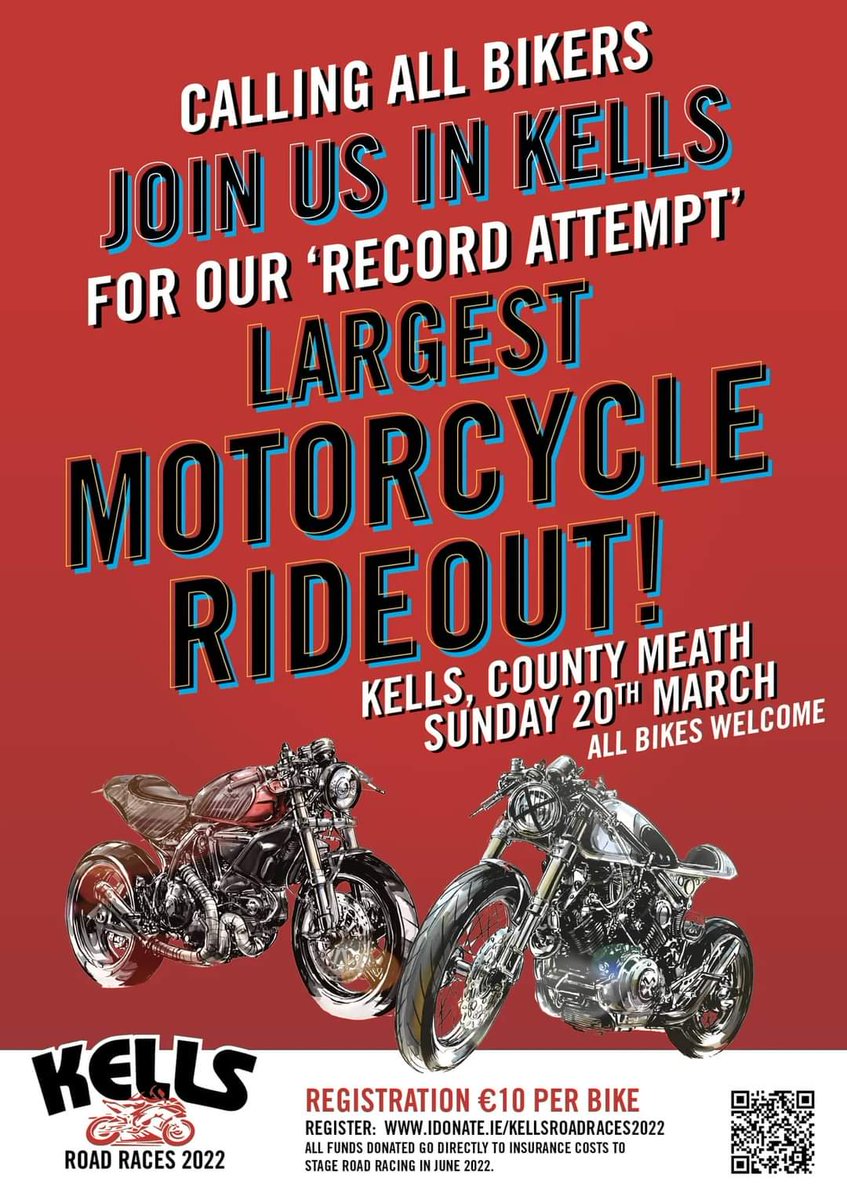 Get them bikes clean and shiny and join us on the 20th March for our Record Attempt. 

Meeting at Park Ri, Kells, Co. Meath 

Spread the word. 

Donate via the link below

idonate.ie/fundraiser/kel…

#Kells #kellsroadraces #parkrikells #support #bikes #support #insurance