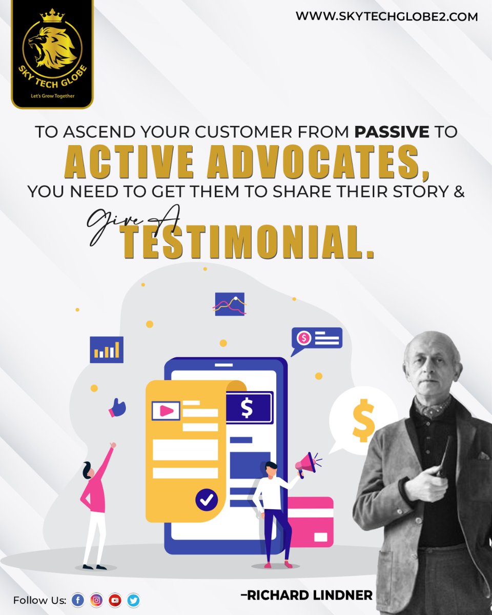 Skytechglobe1's tweet photo. To ascend your customer from passive to active advocates, you need to get them to share their story and give a testimonial.”
– Richard Lindner
visit us:-https://t.co/mV5GCEguR0
#business #investment #money #businessidea #skytechglobe #affiliatemarketing https://t.co/WFMnrZ36Eb