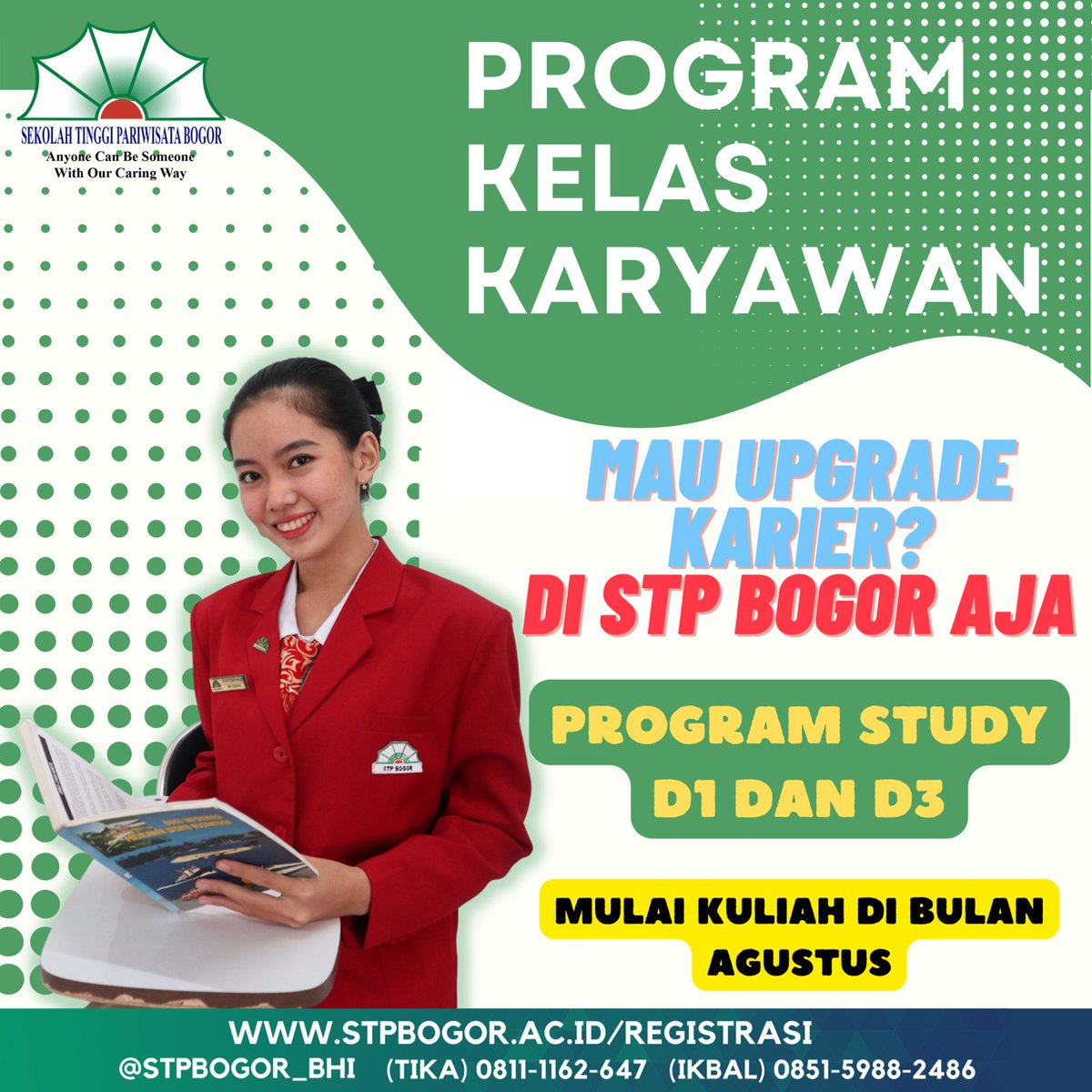 Good Evening 💥✨

"Sekolah Tinggi Pariwisata Bogor" memiliki program kelas karyawan sebagai solusi kalian yang sudah bekerja, tetapi ingin kuliah 🎓

Program terdiri :
D4 Ekstensi
Program 1 Tahun Hotel Operasional
D3 Kelas Karyawan