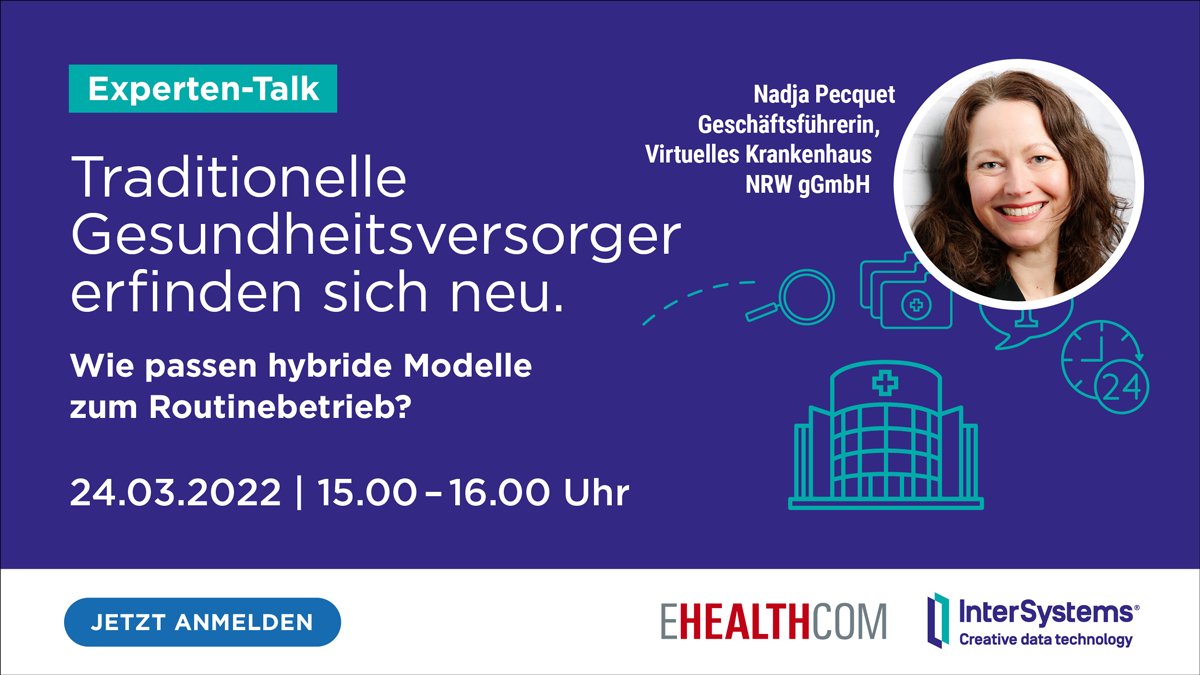 Wir freuen uns, dass auch Nadja Pecquet, CEO bei @VKhNRW unsere Expertenrunde 24.3.22 beim #Experttalk von #InterSystems &amp; <a href="/ehealthcom/">E-HEALTH-COM</a> verstärkt.🦾 Spannende Diskussionen und hilfreiche Lösungsansätze erwarten Sie. Infos zu Event und Teilnahme, hier:▶️ow.ly/fCcl50IfIa4