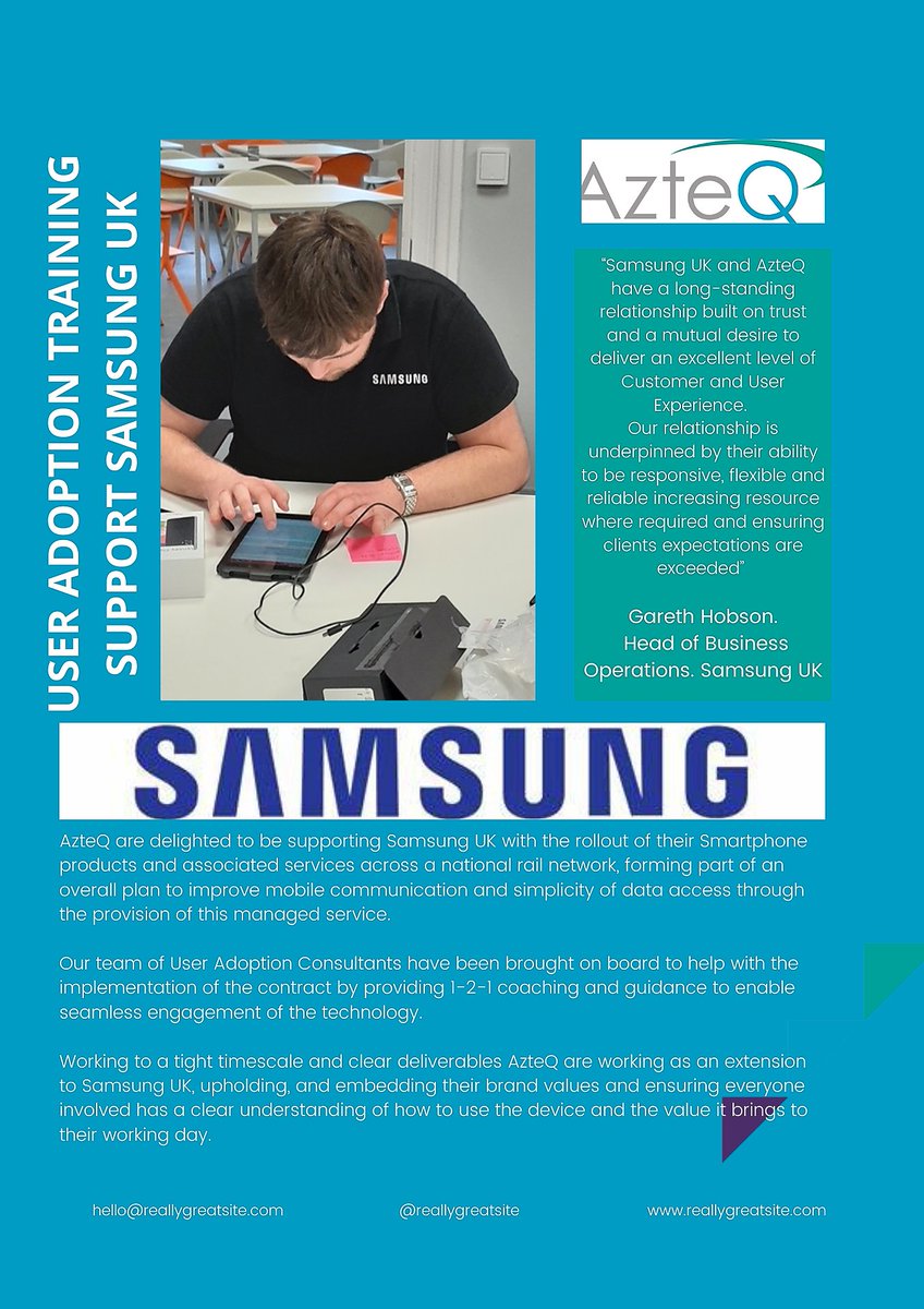 AzteQ_Group's tweet photo. We are delighted to be working with Samsung Electronics UK with a roll out of their Smartphone Products, providing tailored User Adoption Programs all designed to deliver excellence in UX &amp; CX. Interested in finding out how AzteQ can help you deliver excellent UX DM Pip Thomas https://t.co/5thEw8KDja