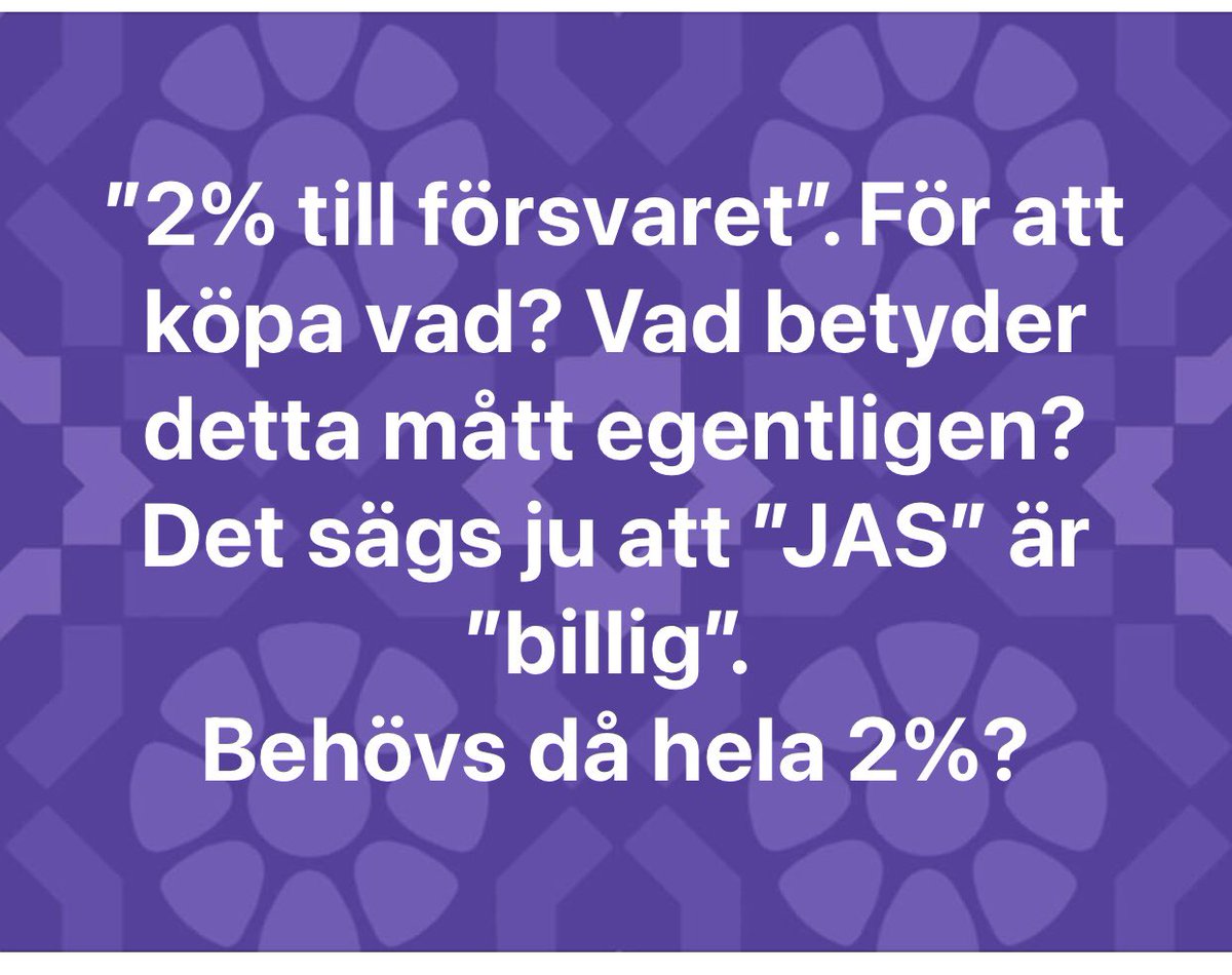Timo_Murberger's tweet photo. ”2% till försvaret”. För att köpa vad? 

Vad betyder detta mått egentligen? Det sägs ju att ”JAS” är ”billig”. 

Behövs då hela 2%? https://t.co/L5dVrEGuUS