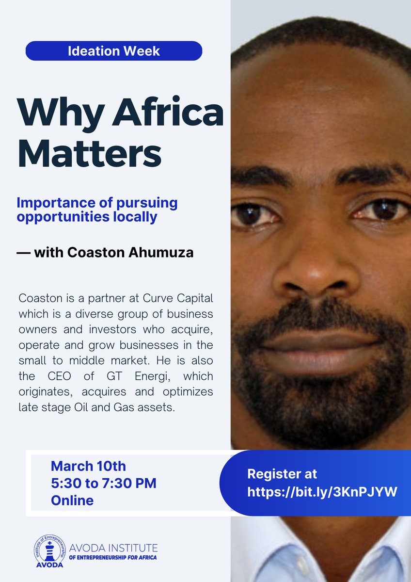 💡 Ideation Week Day 3

On the final day, we have Coaston Ahumuza online!

Use this link to book your spot: bit.ly/3KnPJYW

Time: Thursday, March 10th from 5:30pm to 7:30pm (EAT)

Do not miss this opportunity! It's FREE to attend!

#fiatlux #avodagroup #entrepreneurship