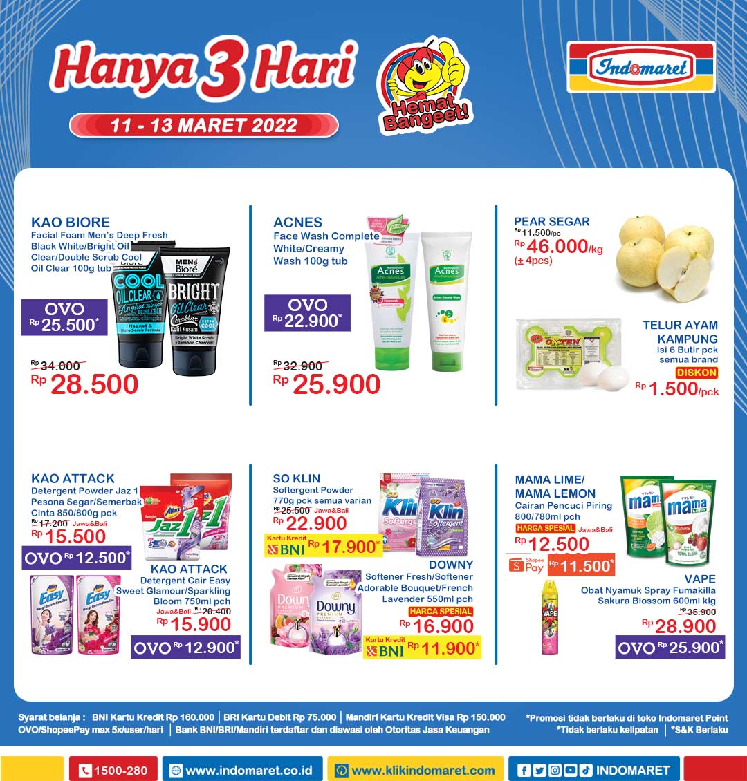Indomaret's tweet photo. HANYA 3 HARI | Dapatkan hematnya selama periode 11-13 Maret 2022 minggu ini. Yuk belanja sekarang di Indomaret! Info lengkap S&amp;k promo Kartu Bank/LinkAja/ShopeePay/OVO cek di https://t.co/OyBiokilep #Indomaret #PromosiIndomaret #Hanya3Hari https://t.co/gLl1JYPfhX