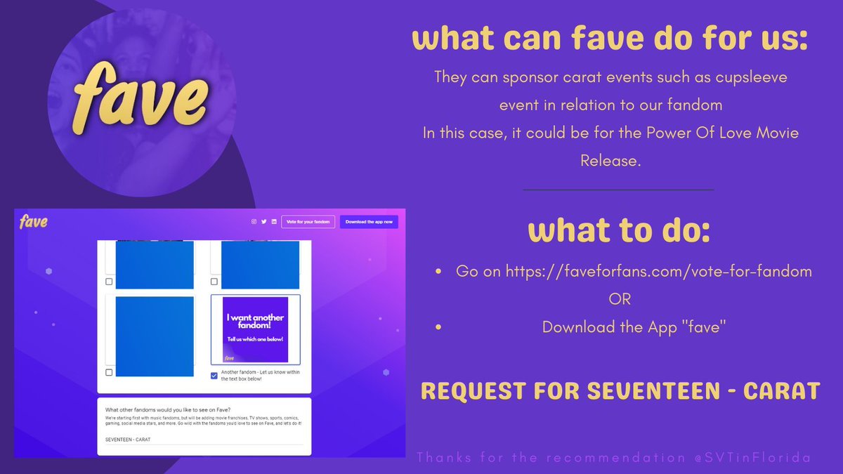 usagaincarats's tweet photo. Hello Carats!
Per suggestion from @SVTinFLORIDA , we are going to try to push to get #SEVENTEEN CARAT on the app @Faveforfans 
There are a lot of things fave can do for Carats &amp; it can help us promote @pledis_17 as well. 
Let's go Carats! https://t.co/T96muiTMLk