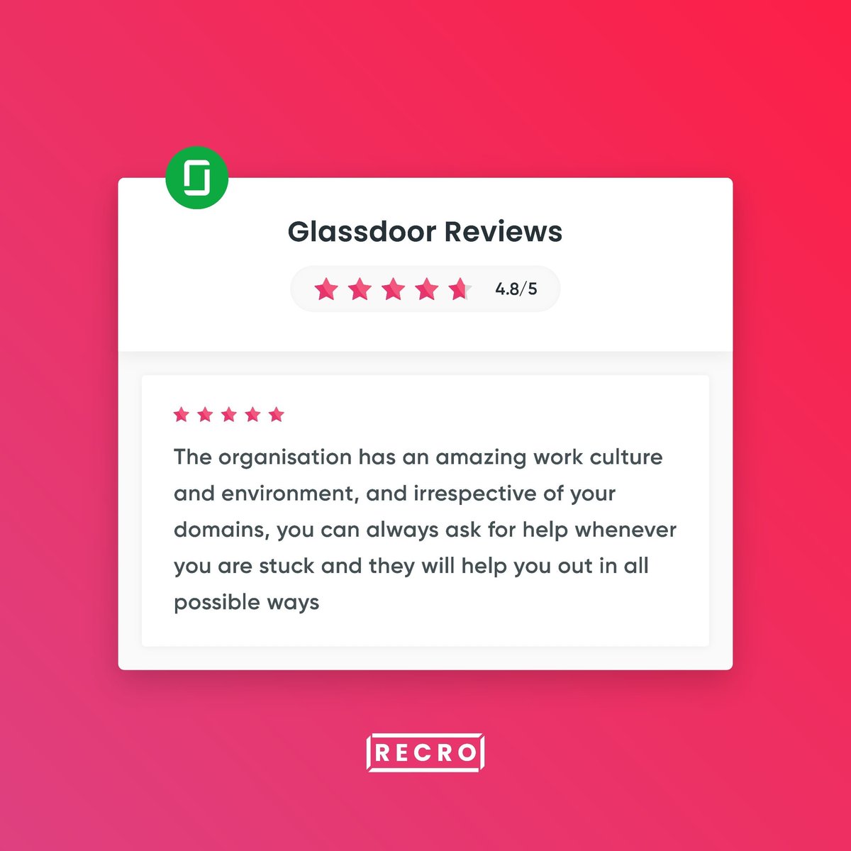 Recro_io's tweet photo. We are humbled to receive such wonderful feedback, which encourages us to pursue our mission further.
The goal is to always encourage top talent to achieve their aspirations, and we want to be there for you every step of the way.
#recro #recro_learn #review #glassdoor #feedback https://t.co/iFjYuZUuUJ