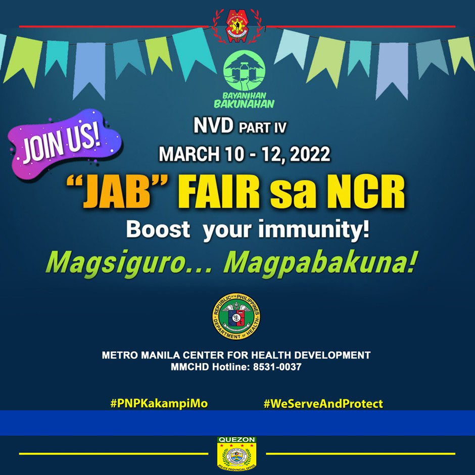 PoliceQuezon's tweet photo. National Vaccination Days (NVDs) Part IV
March 10 to 12, 2022
#PNPKakampiMo
#WeServeAndProtect
#TeamPNP https://t.co/FdPn9InCxc