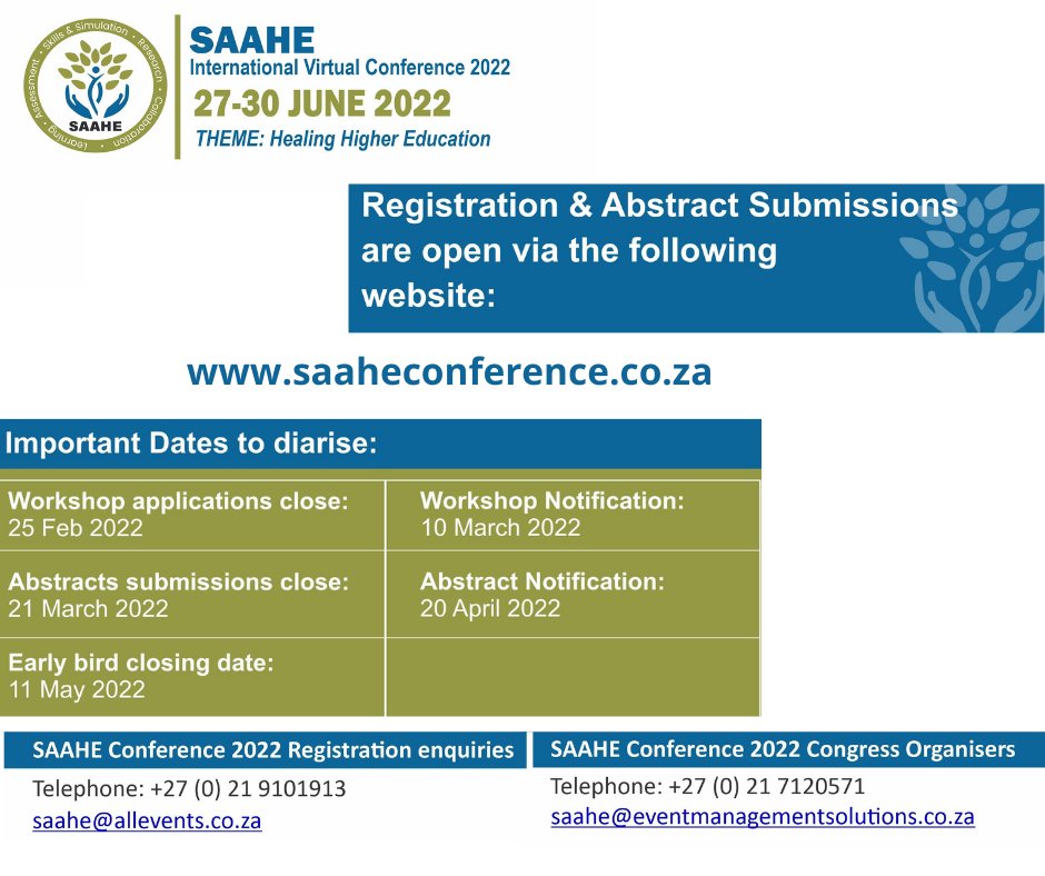 The deadline for submitting your abstract for #SAAHE2022 is around the corner! This year you can submit a scientific paper or poster, a campfire story, symposium, debate or panel discussion. saaheconference.co.za/abstracts/