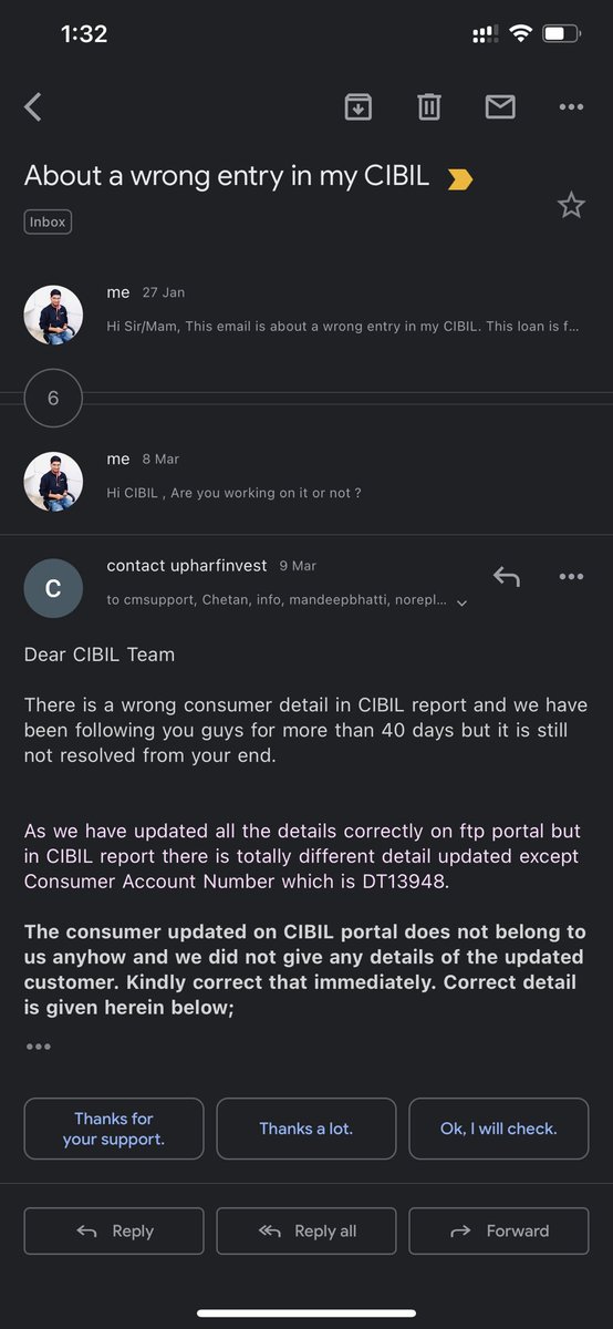 Rohithr51's tweet photo. done by the bank below.

And I made the first complaint on 22nd January which has been closed and now I have filed the complaint again sharing the screenshot of that complaint also.
I request all of you that these wrong entries should be removed from my CIBIL as soon as possible. https://t.co/ssvC1aPYh7