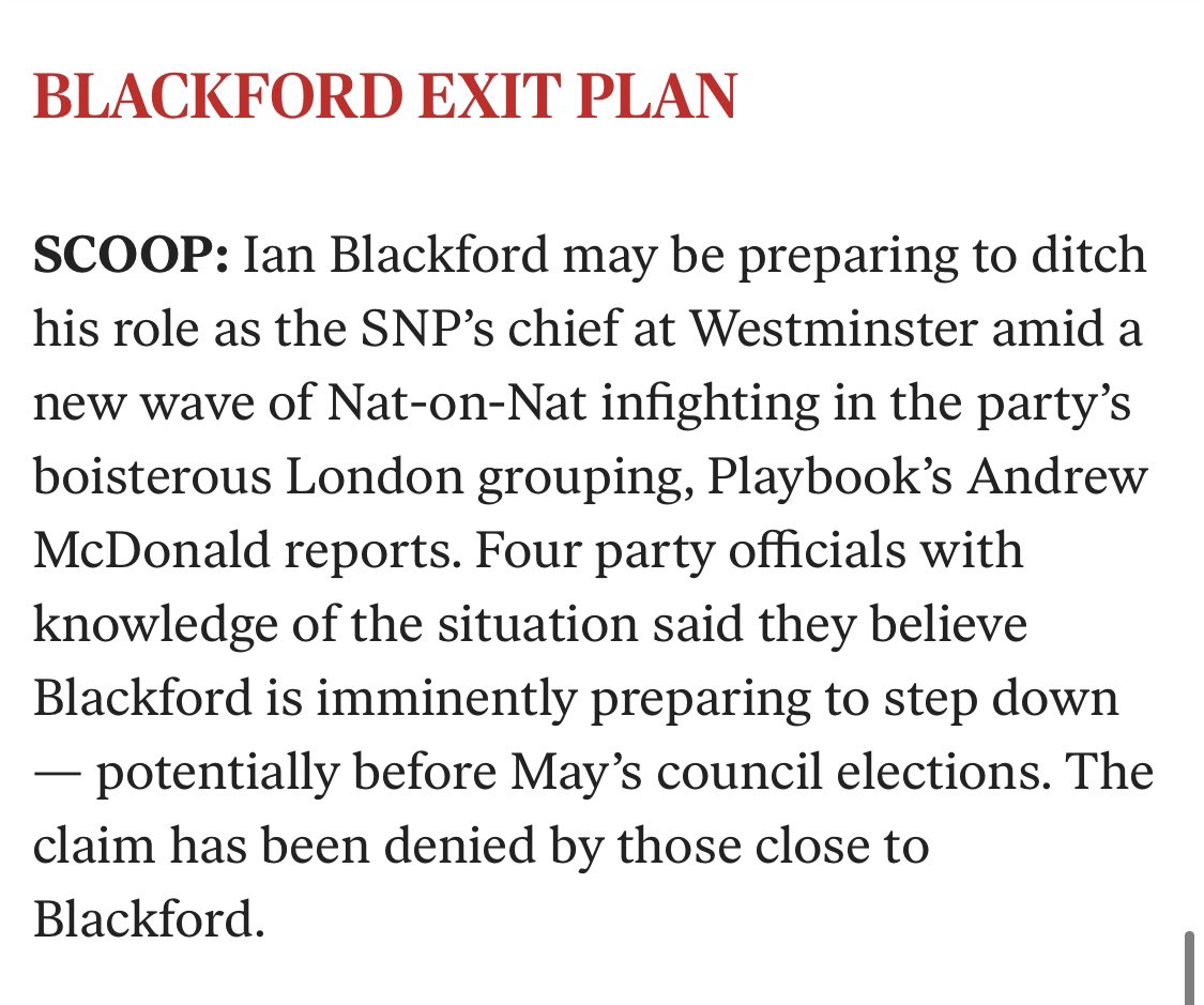 alexwickham's tweet image. SCOOP: Big story from @9andrewmcdonald — Ian Blackford may be preparing to quit as SNP’s Westminster leader. Four officials with knowledge say he’s on his way out 

Scroll down here to read: politico.eu/newsletter/lon…