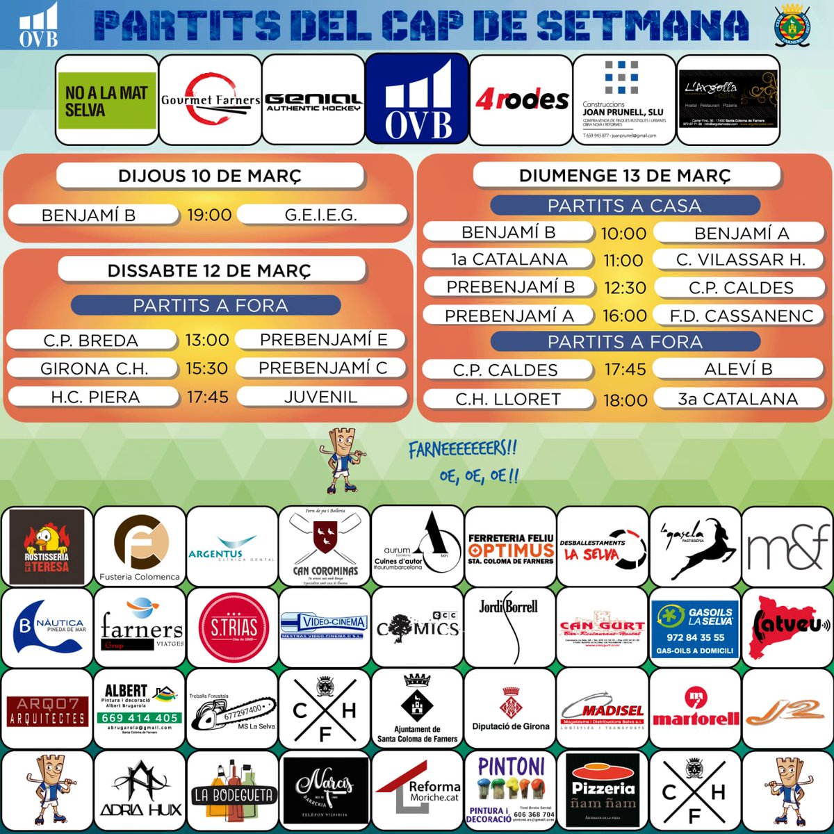 Club Hoquei Farners (@hoqueifarners) on Twitter photo ⚪🔵 Partits del cap de setmana ⚪🔵
#ovbgirona1
<a href="/genialhockey/">genial_hockey</a>
<a href="/sport4rodes/">4 Rodes</a>
<a href="/AjSCFarners/">Ajuntament SCFarners</a>
<a href="/DiputacioGirona/">Diputació de Girona</a>
<a href="/esportcat/">Esports</a>
<a href="/selvaesports/">ConsellEsportiuSelva</a>
#hoquei #hoqueipatins #esports #esportcat #lovehoquei #hoqueifarners #jornada ⚪🔵 Partits del cap de setmana ⚪🔵
#ovbgirona1
<a href="/genialhockey/">genial_hockey</a>
<a href="/sport4rodes/">4 Rodes</a>
<a href="/AjSCFarners/">Ajuntament SCFarners</a>
<a href="/DiputacioGirona/">Diputació de Girona</a>
<a href="/esportcat/">Esports</a>
<a href="/selvaesports/">ConsellEsportiuSelva</a>
#hoquei #hoqueipatins #esports #esportcat #lovehoquei #hoqueifarners #jornada