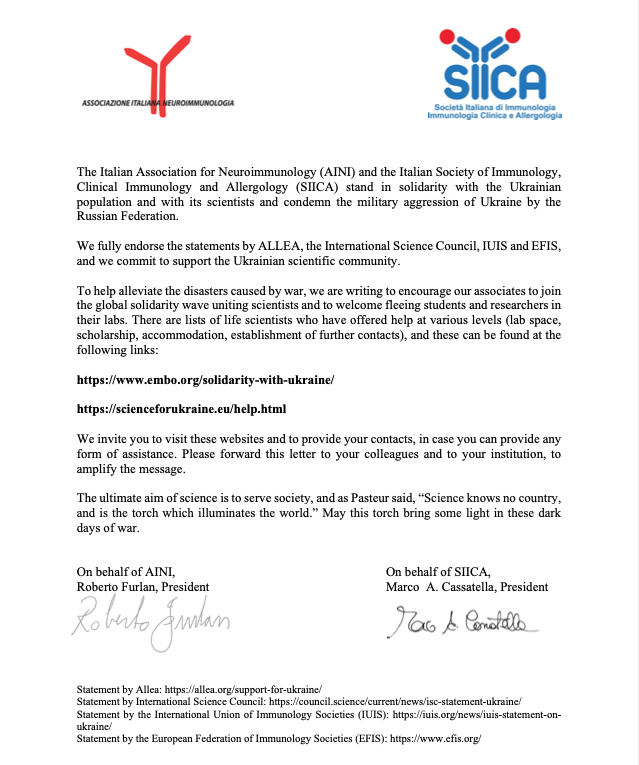 #SIICA and <a href="/AINI_neuro/">AINI</a>  stand in solidarity with the Ukrainian population and with its scientists and condemn the military aggression of Ukraine by the Russian Federation.
embo.org/solidarity-wit…
scienceforukraine.eu/help.html
1/n